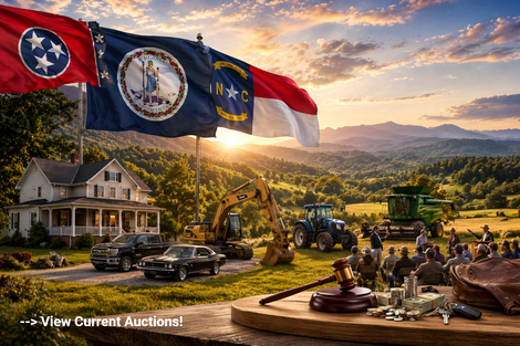 Learn More About Our North Carolina Auction Services North Carolina landscape with flag, house, golf clubs, construction equipment, auction items.