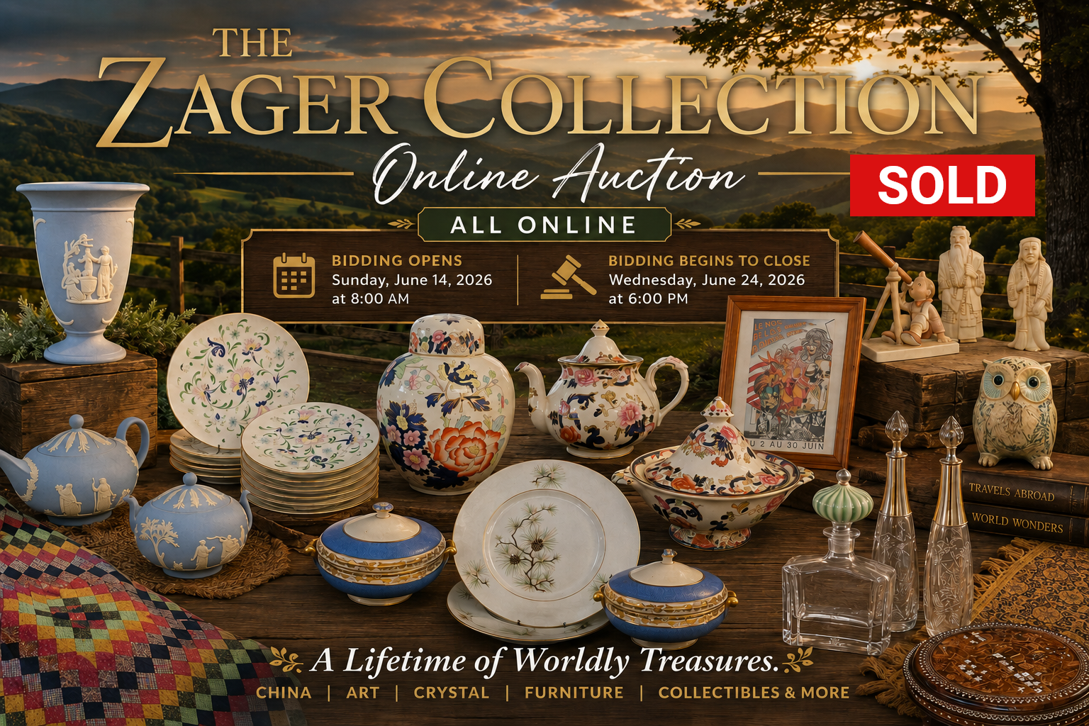 Zager Collection online auction poster with antiques, ceramics and glassware, marked SOLD