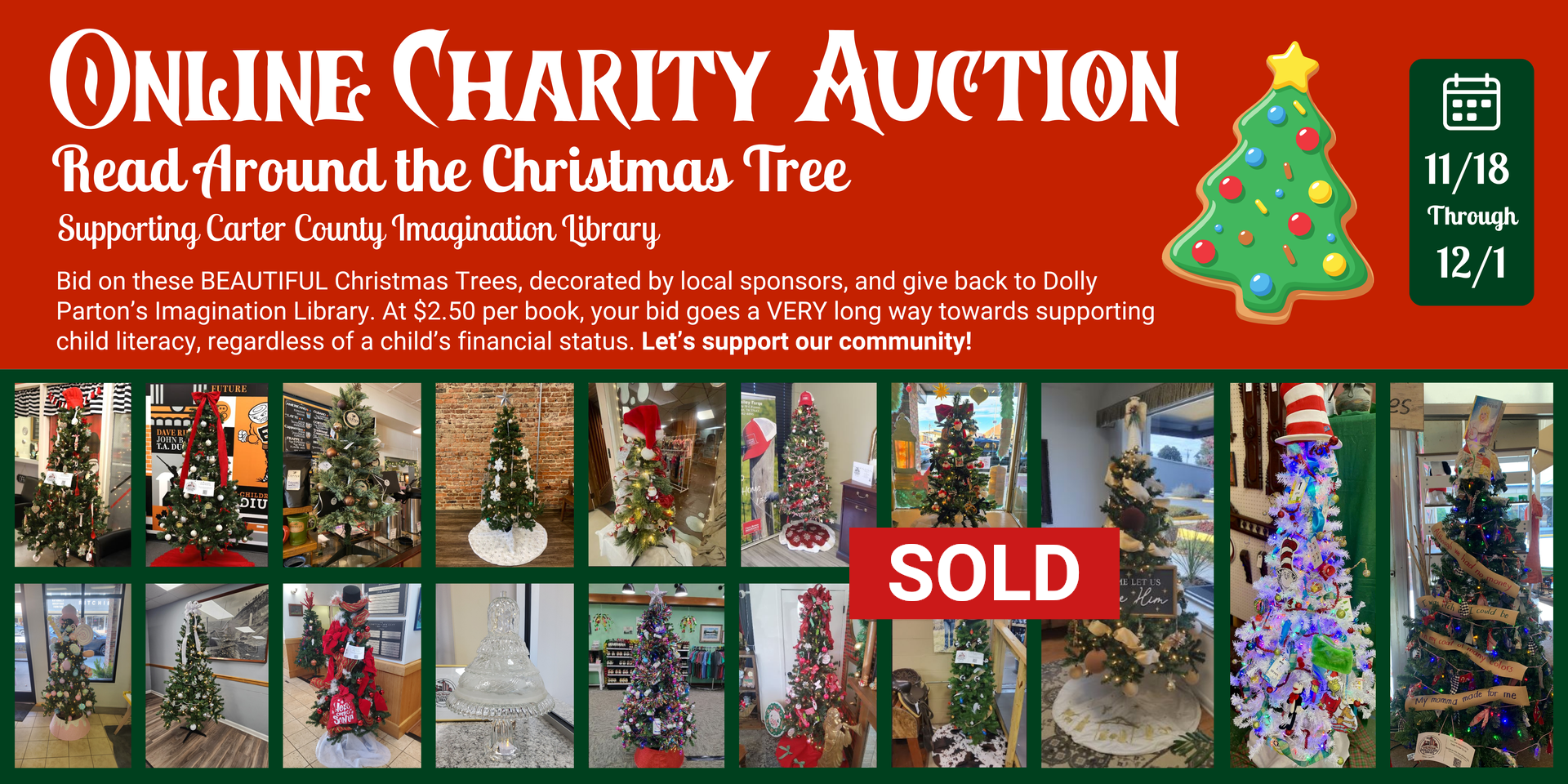 Online charity auction featuring decorated Christmas trees. 
