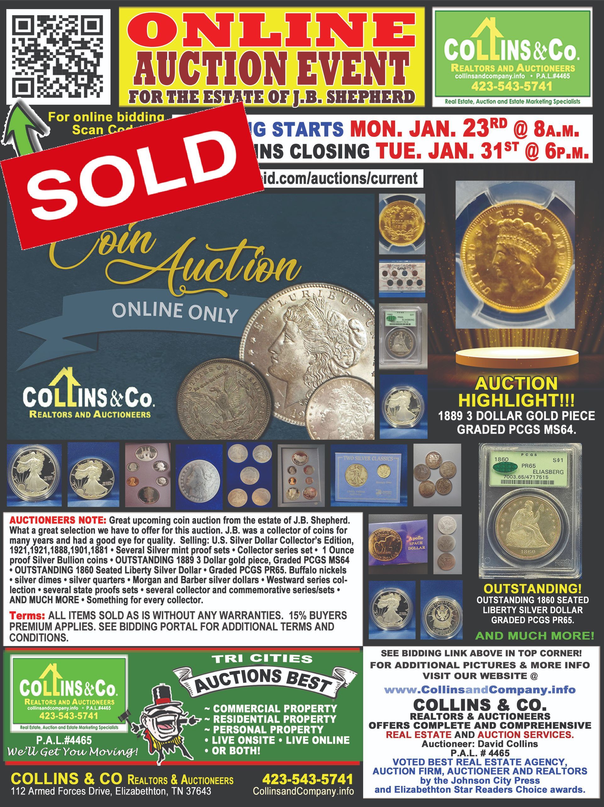 An advertisement for an online auction event that is sold