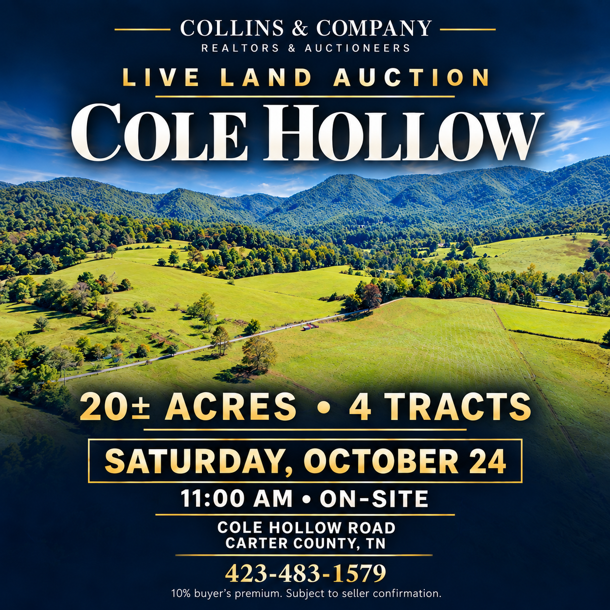 Cole Hollow live land auction poster for 20+ acres and 4 tracts on Saturday, Oct. 24 in Carter County, TN