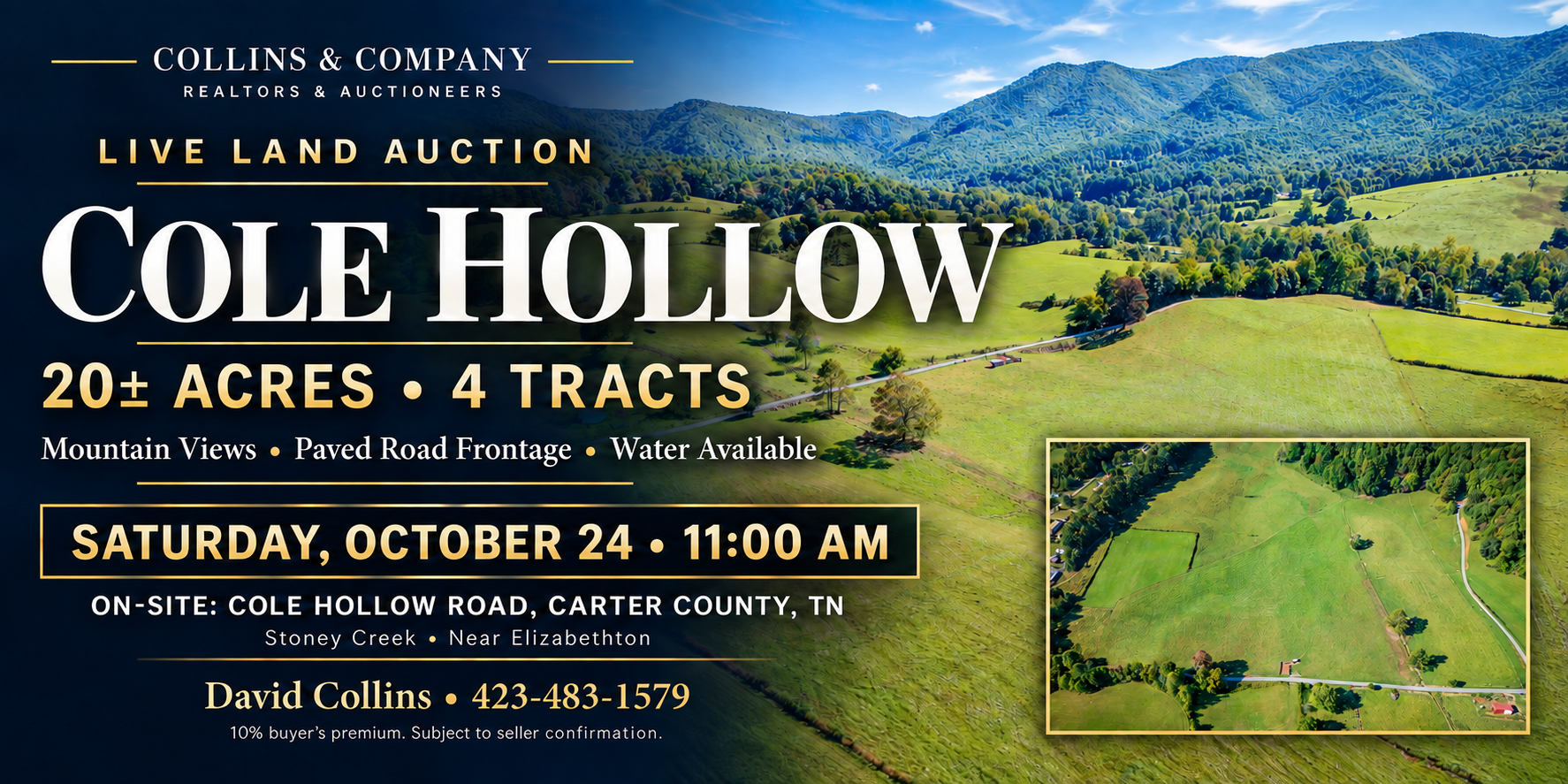 Cole Hollow live land auction poster with 20 acres in 4 tracts, Saturday Oct 24, 11:00 AM