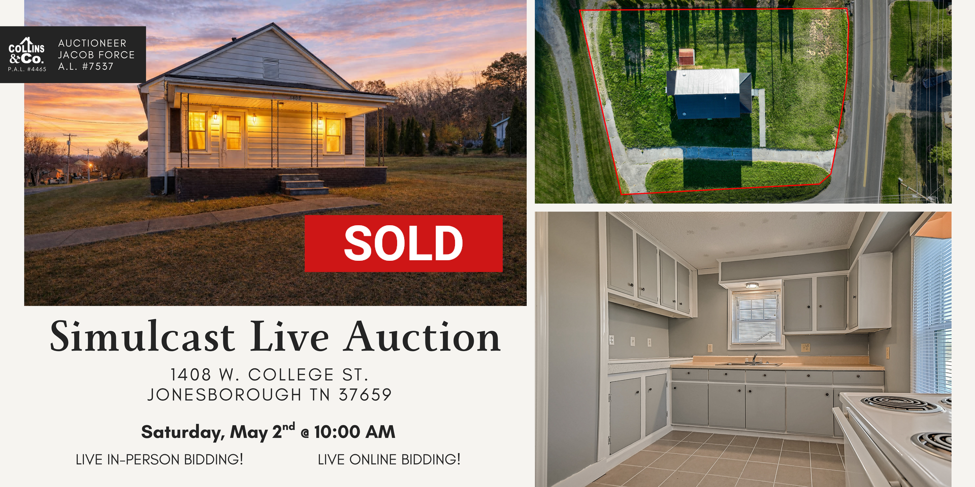 Real estate ad for a sold home, with house, aerial view, and kitchen interior labeled “Simulcast Live Auction”