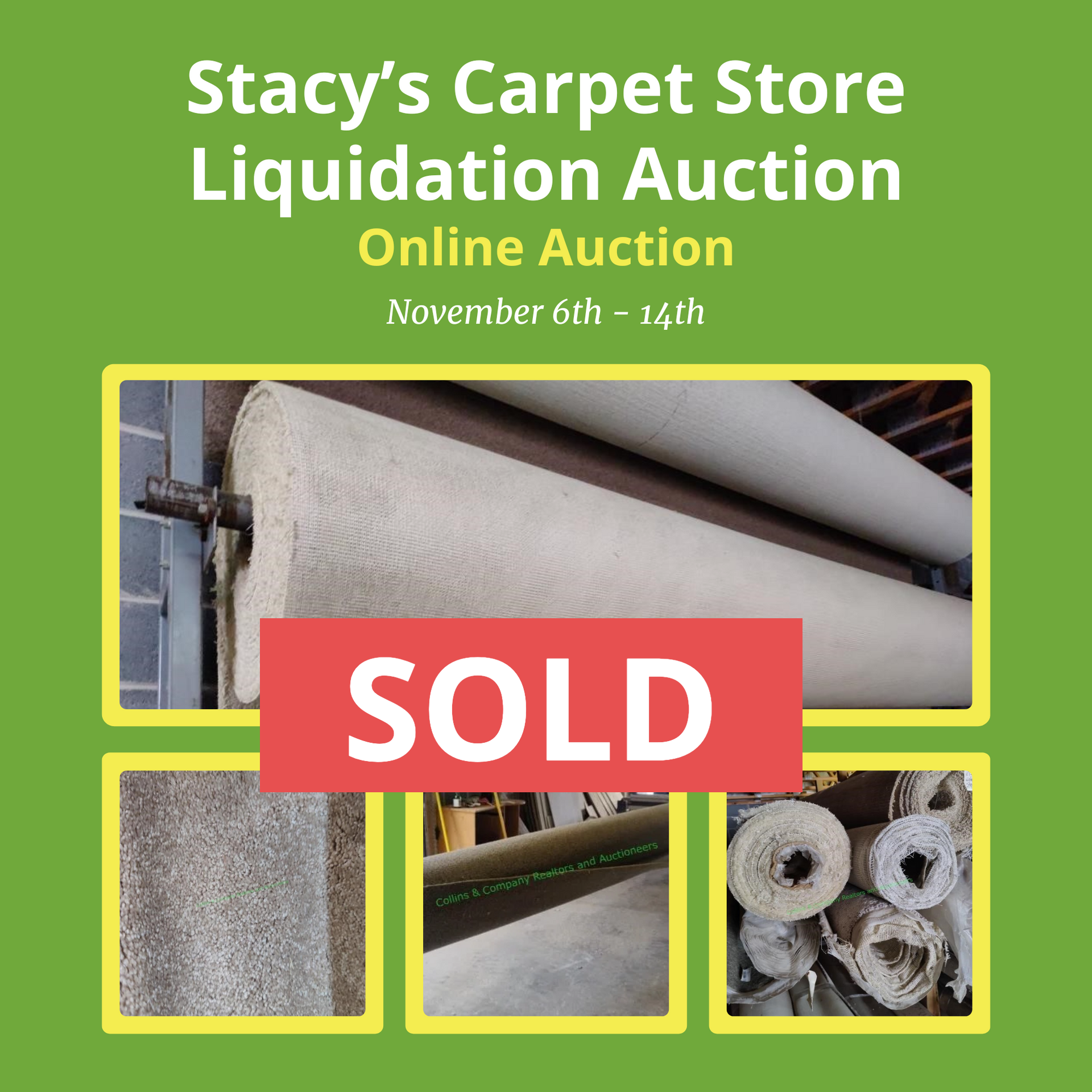 A poster for stacy 's carpet store liquidation auction