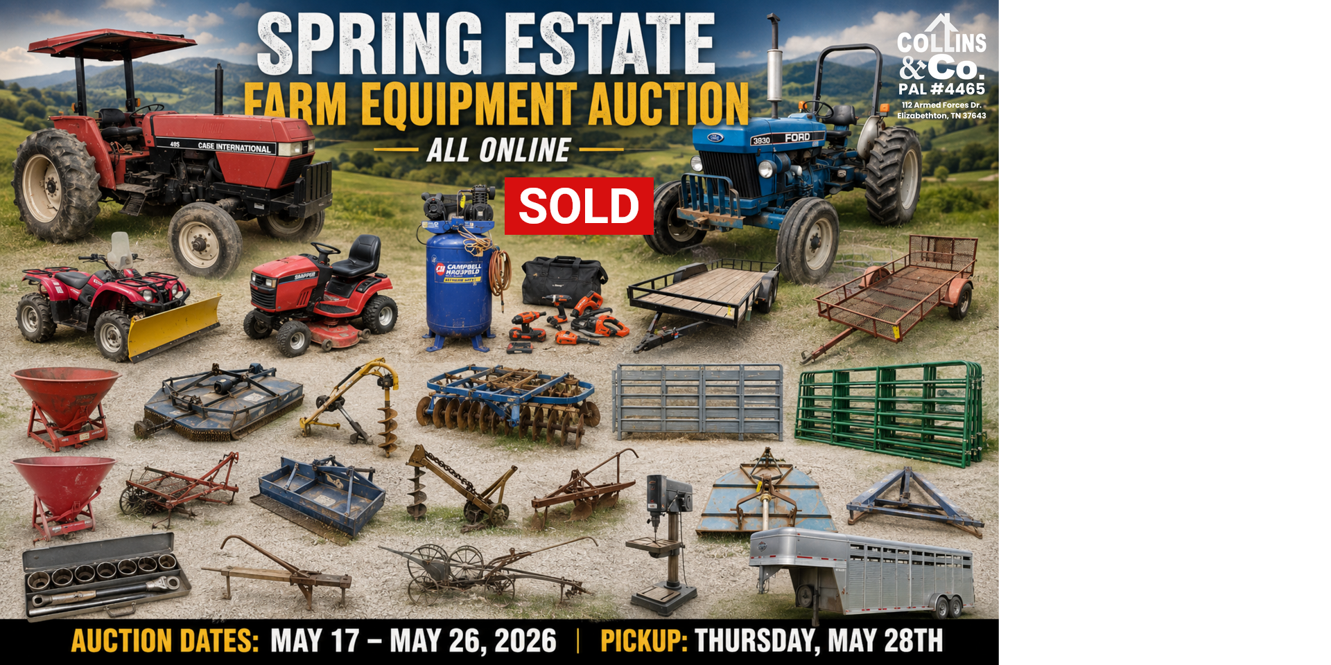 Spring estate farm equipment auction poster with tractors, implements, and a red sold sign
