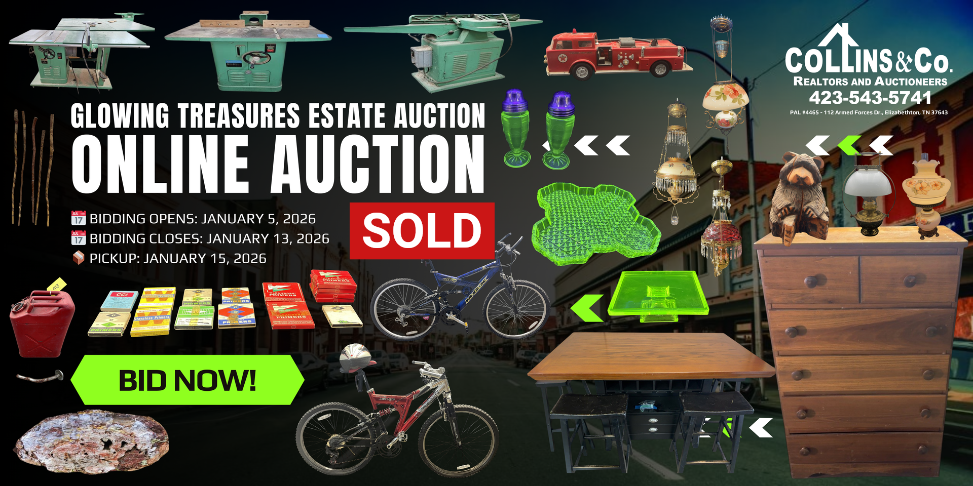 Check Out Our Sold Auctions Online auction flyer for Collins & Co. featuring photos of tools, furniture, bicycles, and collectibles with a
