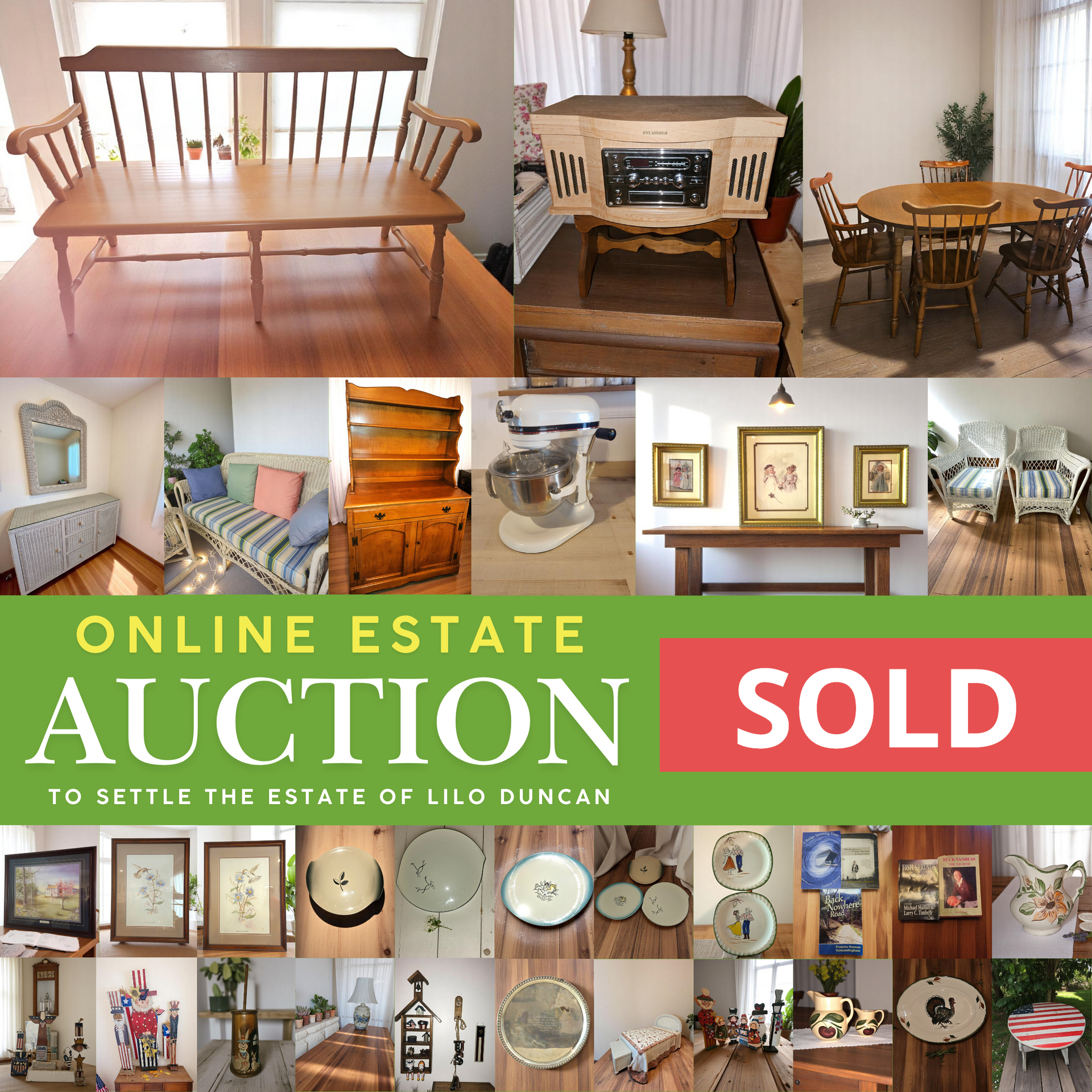An advertisement for an online estate auction to settle the estate of lilo duncan
