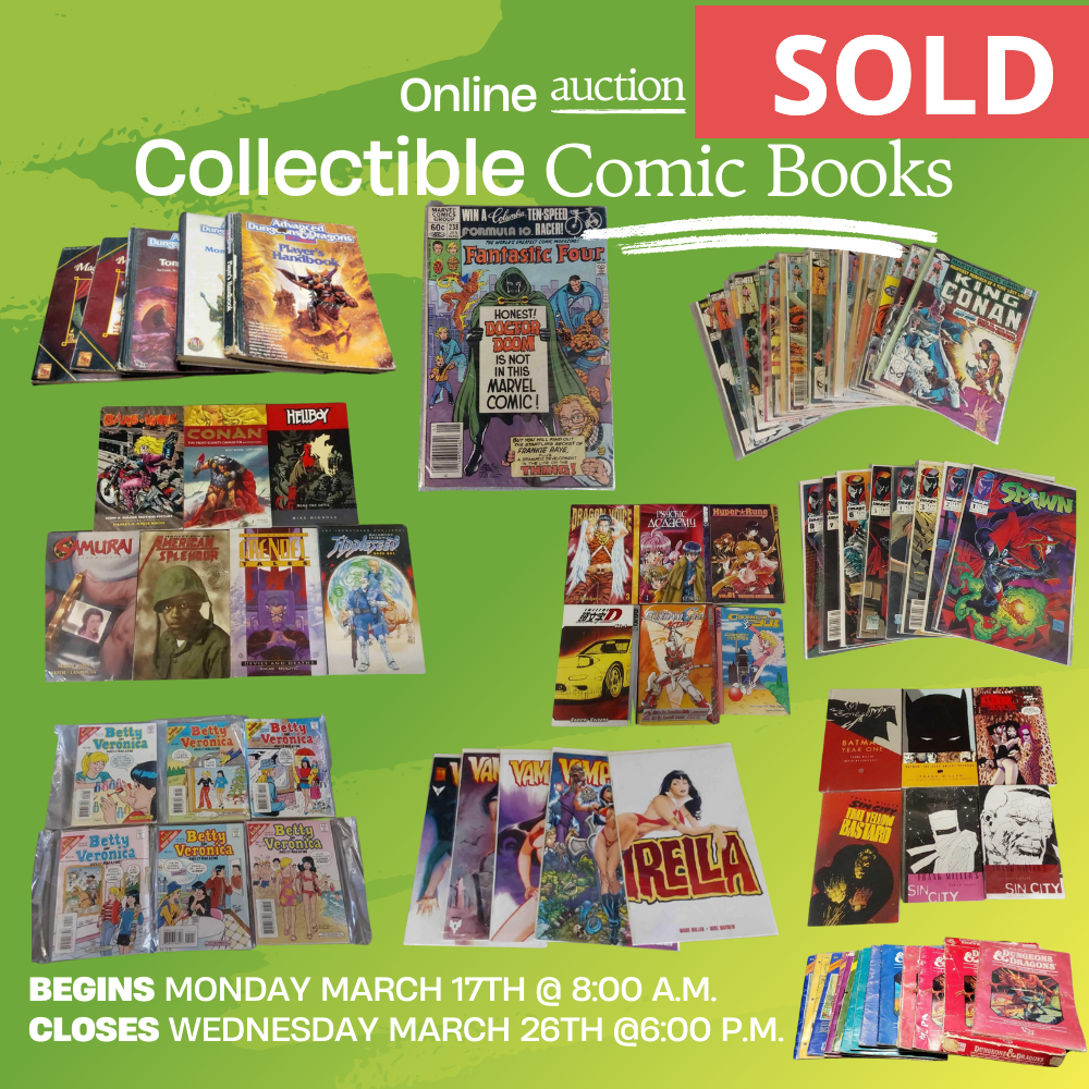 An advertisement for an online auction of collectible comic books - Sold & closed by Collins & Co. 
