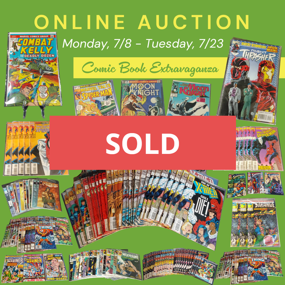 An advertisement for an online auction of comic books
