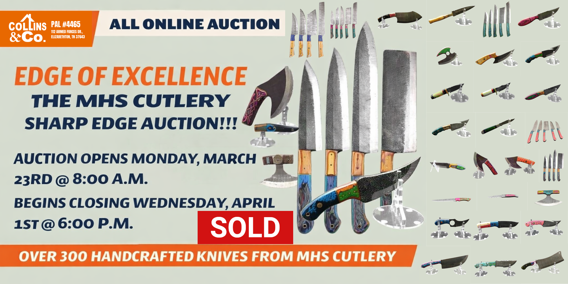 An auction flyer for MHS Cutlery featuring hundreds of handcrafted knives with event dates marked 