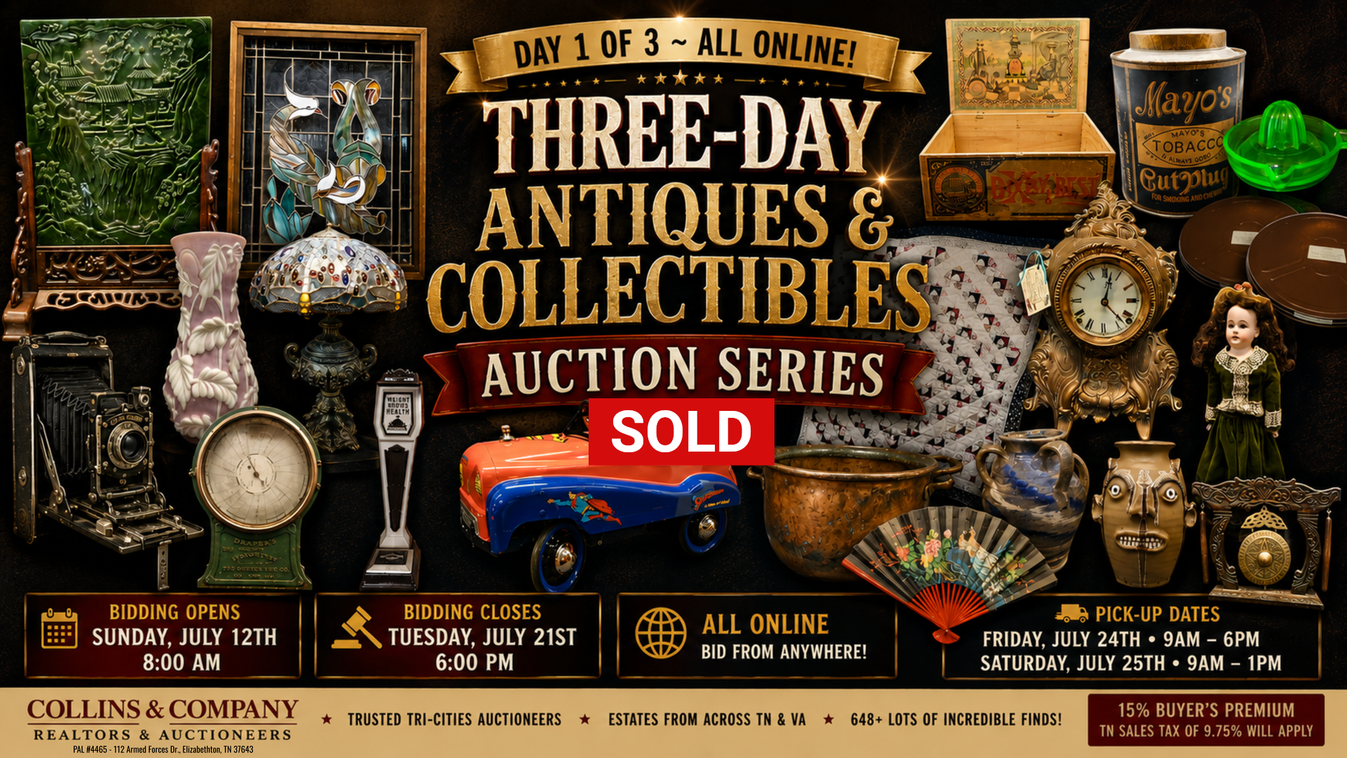 Three-day antiques and collectibles auction ad with clocks, watches, jewelry, and “sold” tag on dark background