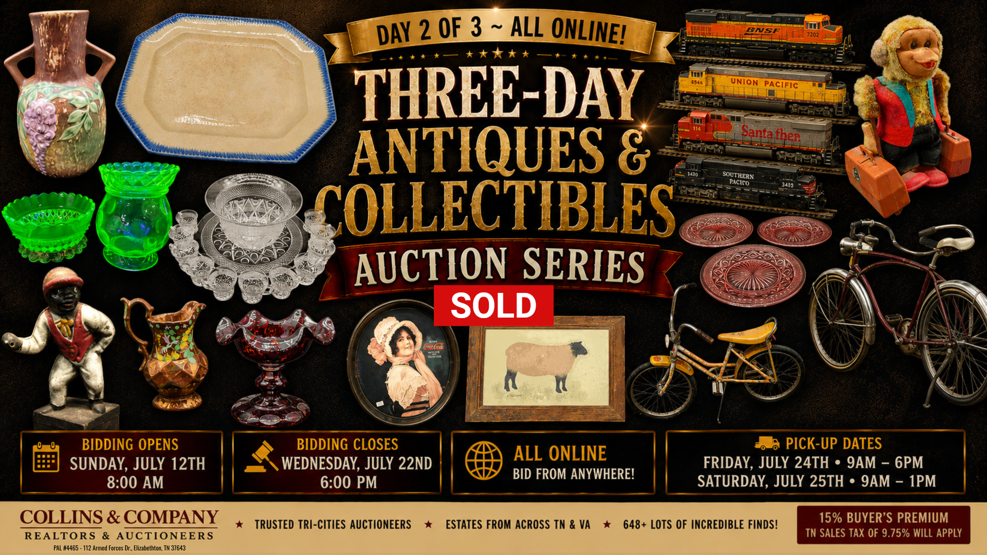 Vintage poster for a three-day antiques and collectibles auction series, with sold sign and assorted antiques.