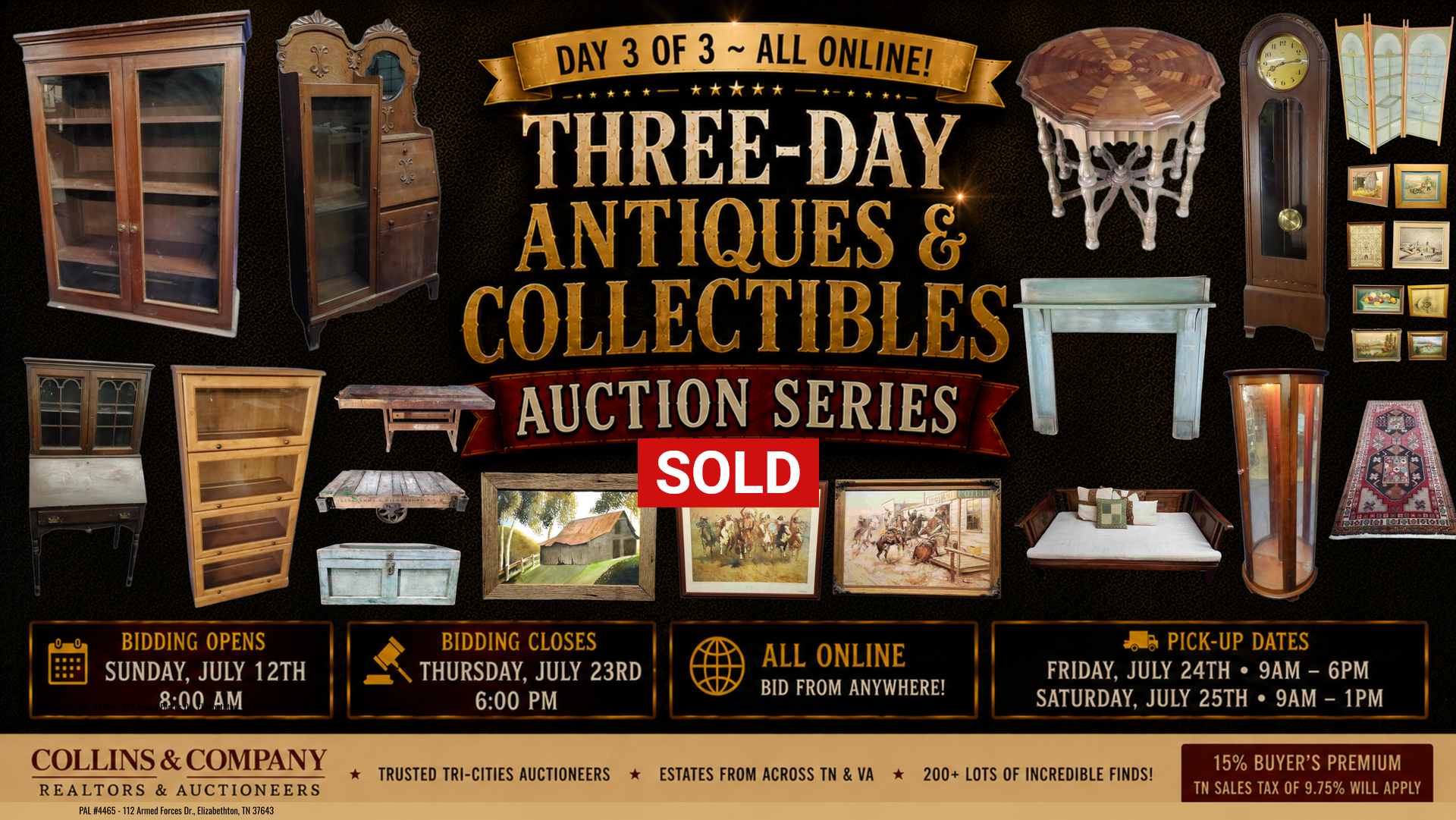 Three-day online antiques & collectibles auction poster with furniture and decor, marked SOLD.
