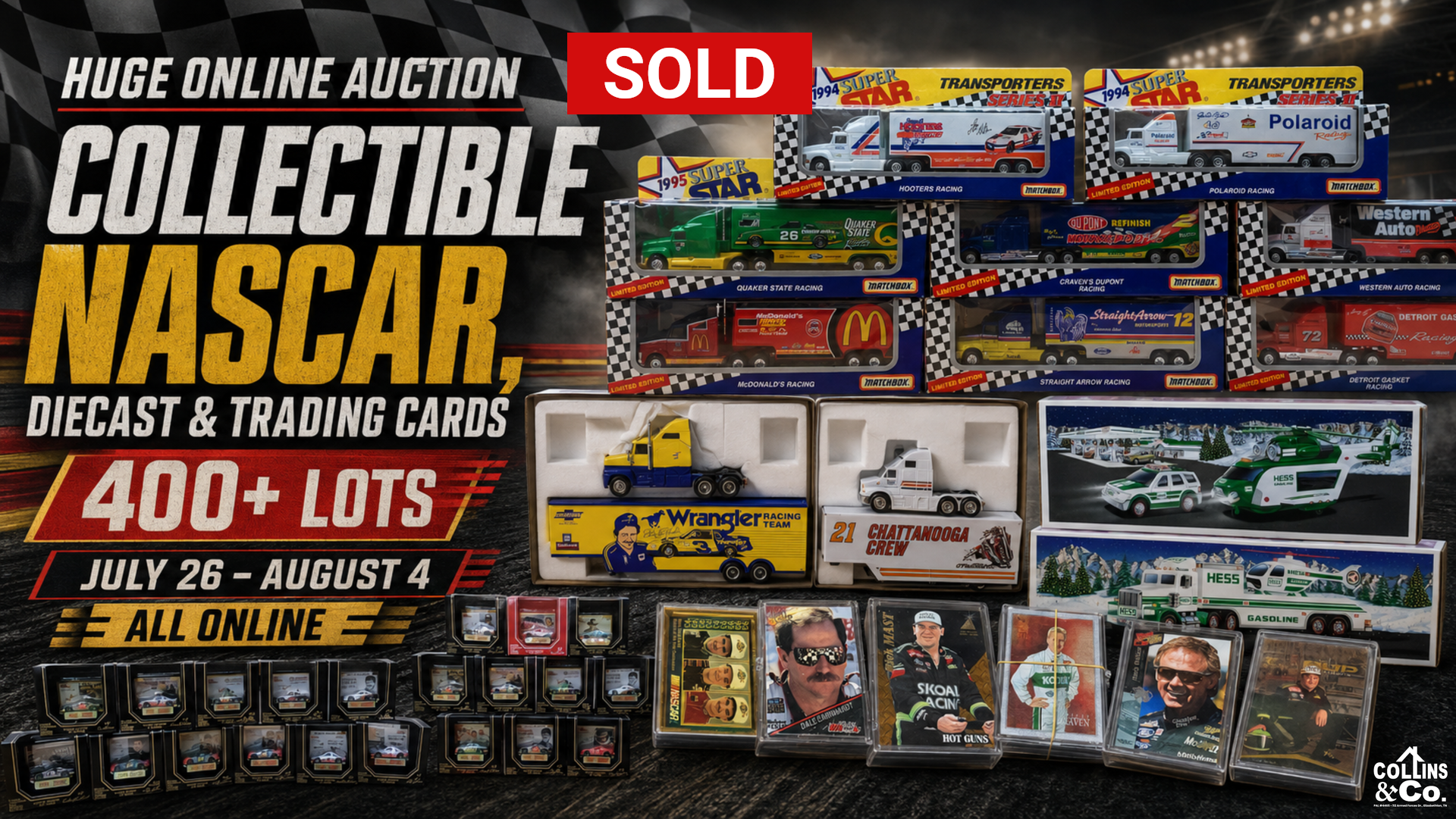 Huge online auction ad for collectible NASCAR diecasts and trading cards, 400+ lots, July 28–Aug 4.