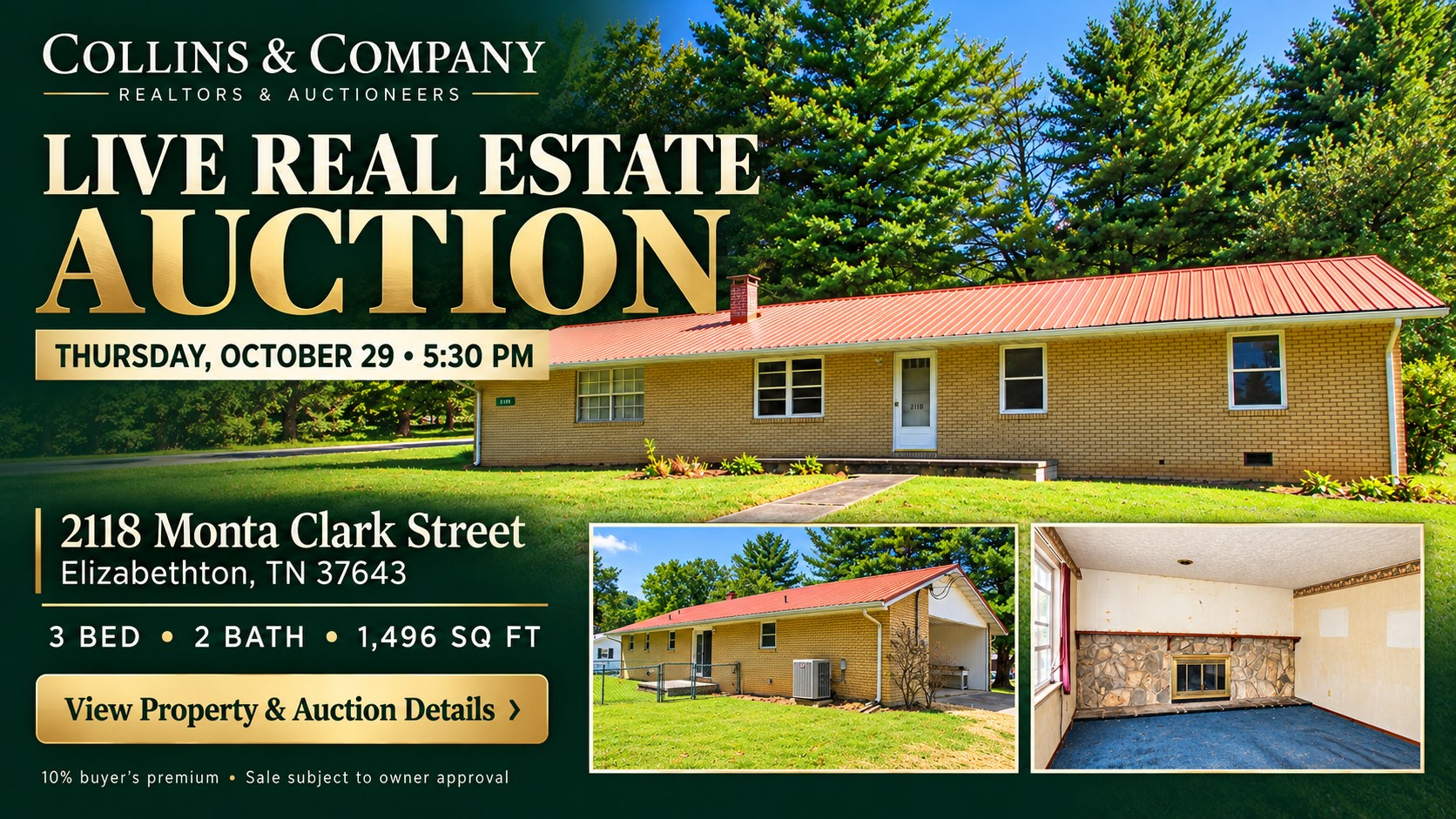 Live real estate auction flyer for 2168 Monte Clark Street with home and property photos on a green background