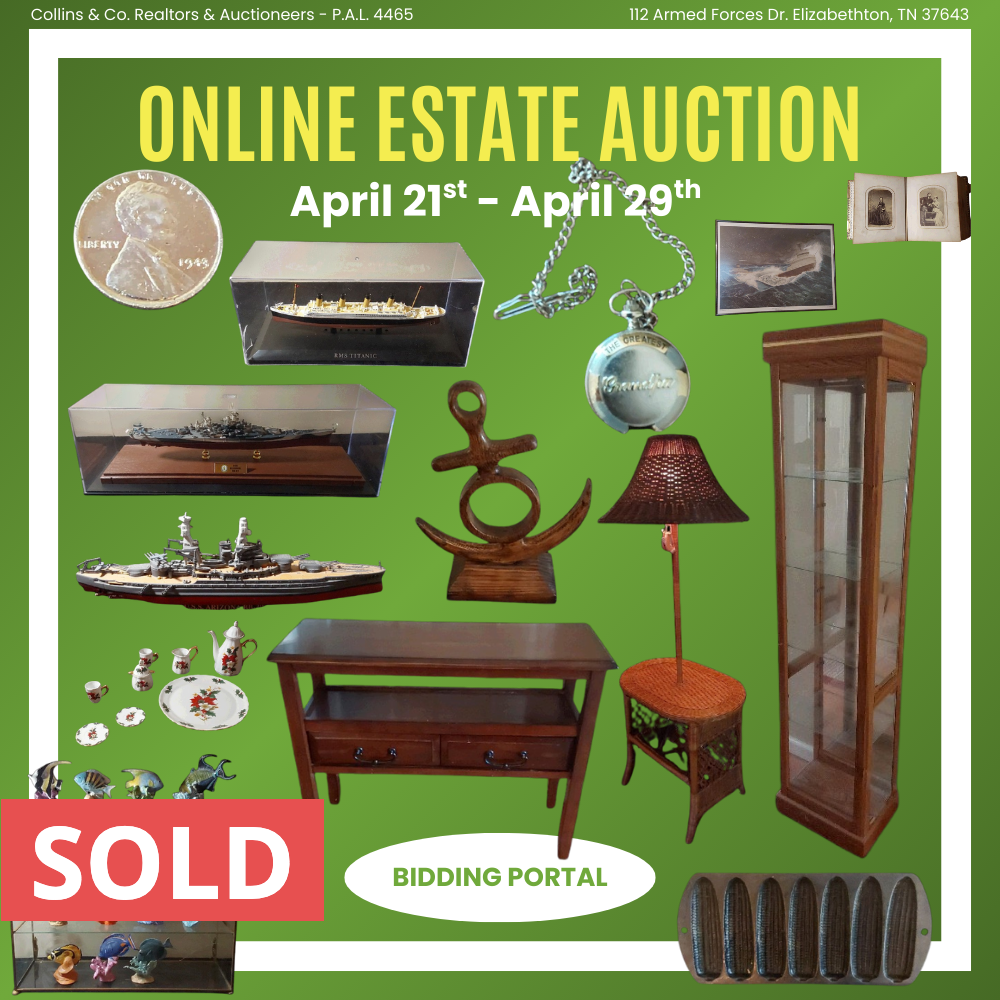 An advertisement for an online estate auction on april 21st and april 29th