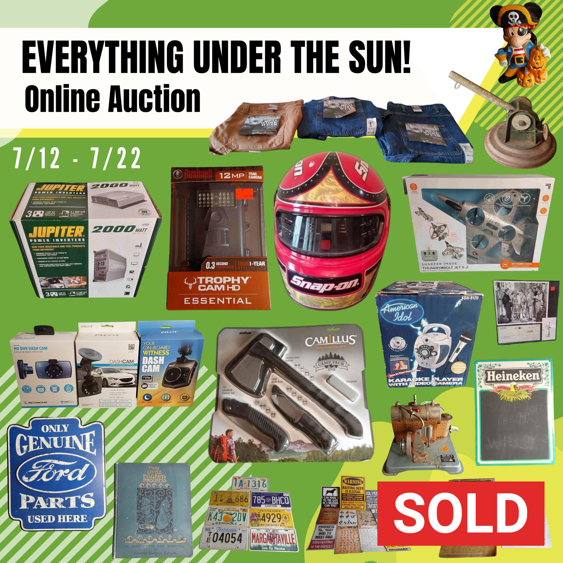 Online auction showcasing various items: tools, clothing, collectibles. Bold text 