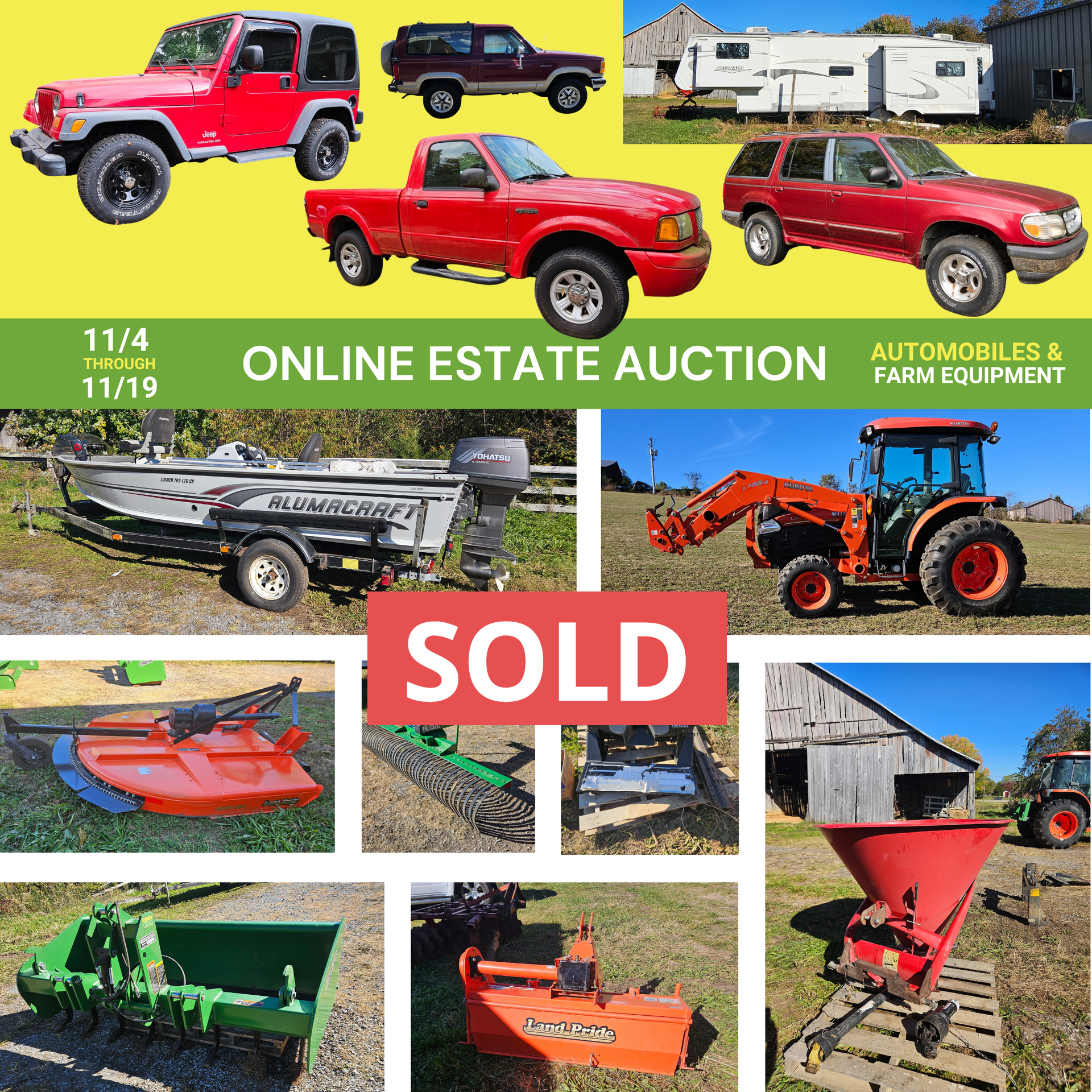 A poster for an online estate auction with various vehicles, a boat, a camper, a tractor, and farm equipment - Sold by Collins & Co. Realtors and Auctioneers