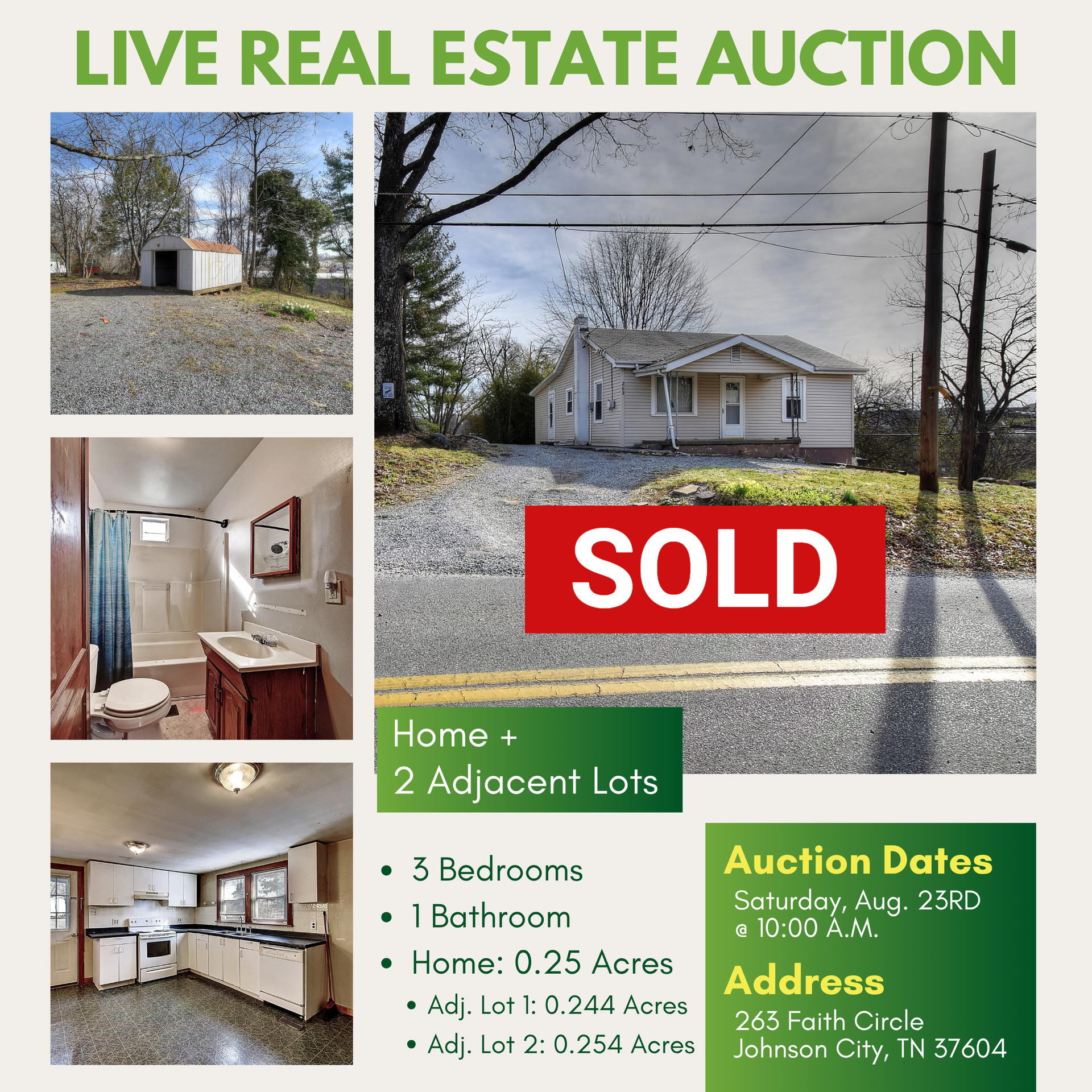 Real estate auction ad: house, two lots 
