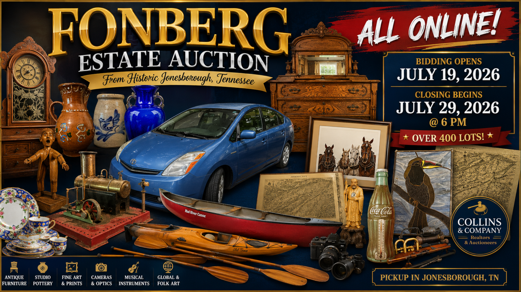 Fonberg Estate Auction ad with blue car, antique furniture, and dates July 19–29, 2026, all online