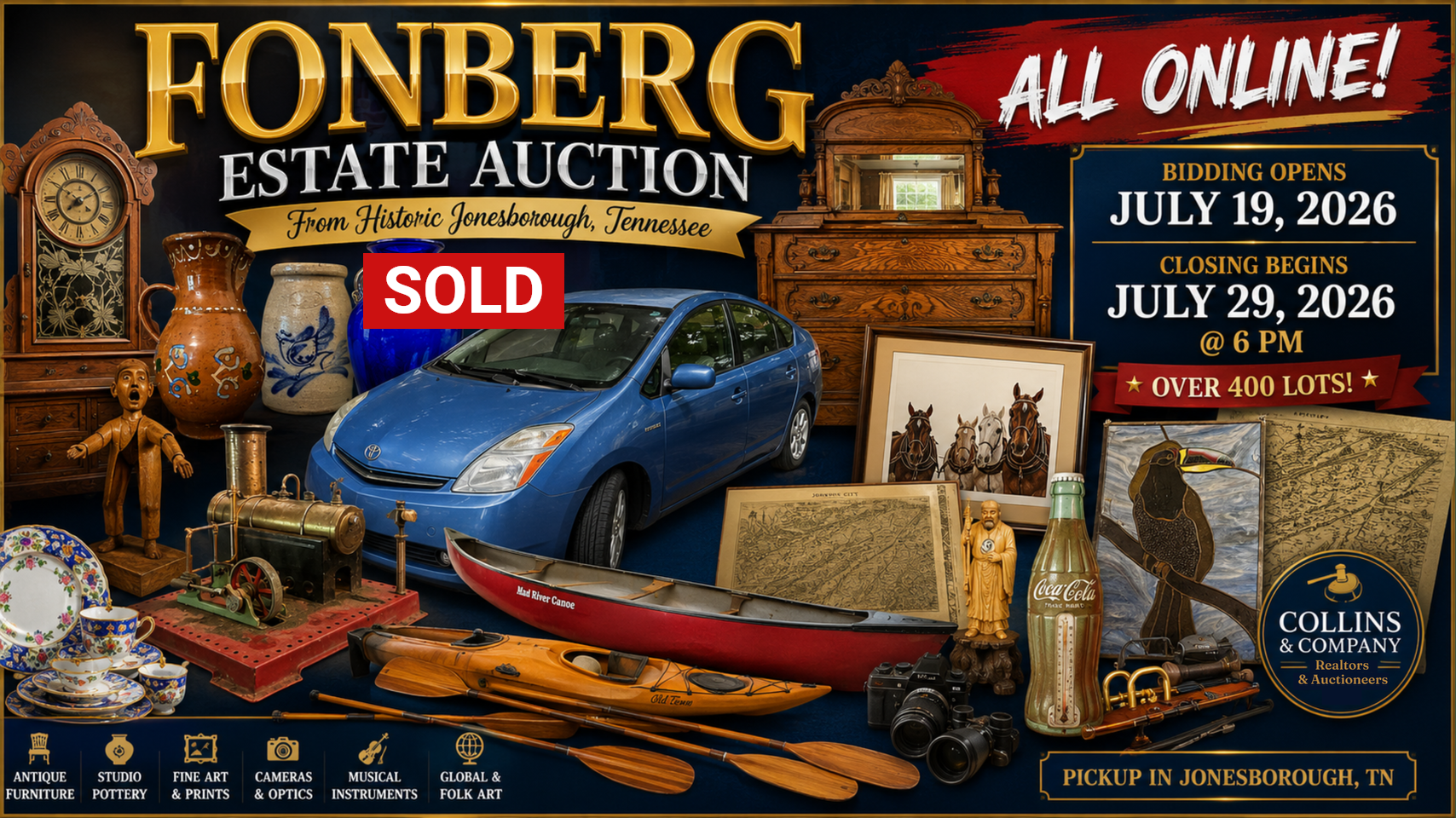 Fonberg Estate Auction ad with blue sports car, antiques, and “All Online” sale dates in July 2026
