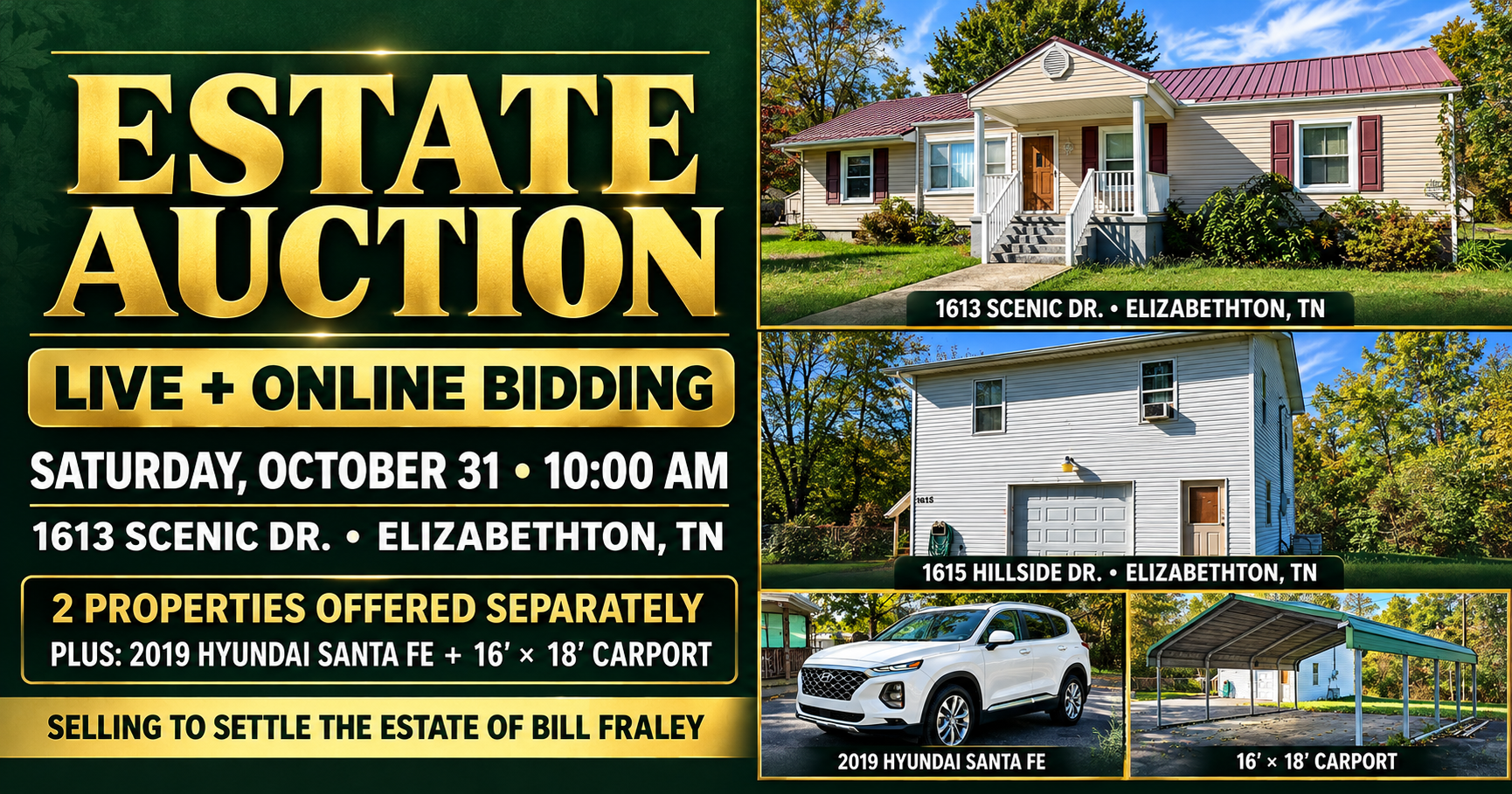 Estate auction ad with live online bidding, Saturday Oct. 31 at 10:00 AM, 1613 Scenic Dr., Elizabeth City, NC.