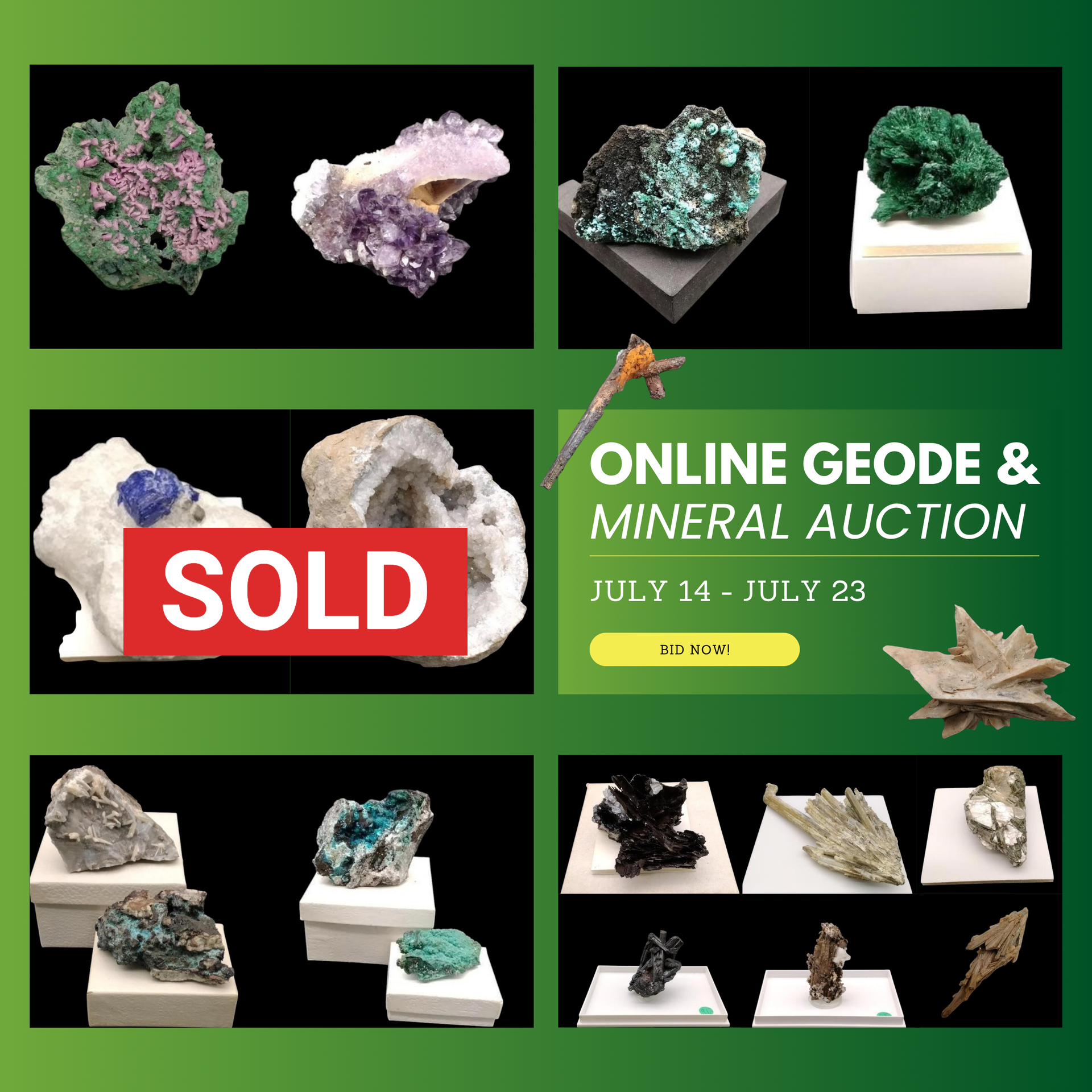Online geode and mineral auction advertisement with various colorful mineral specimens.