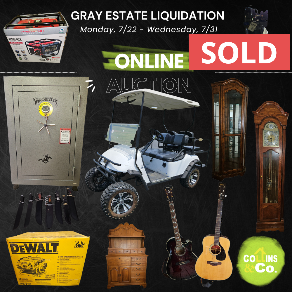 A poster for a gray estate liquidation online auction - sold auction by Collins & Co. 