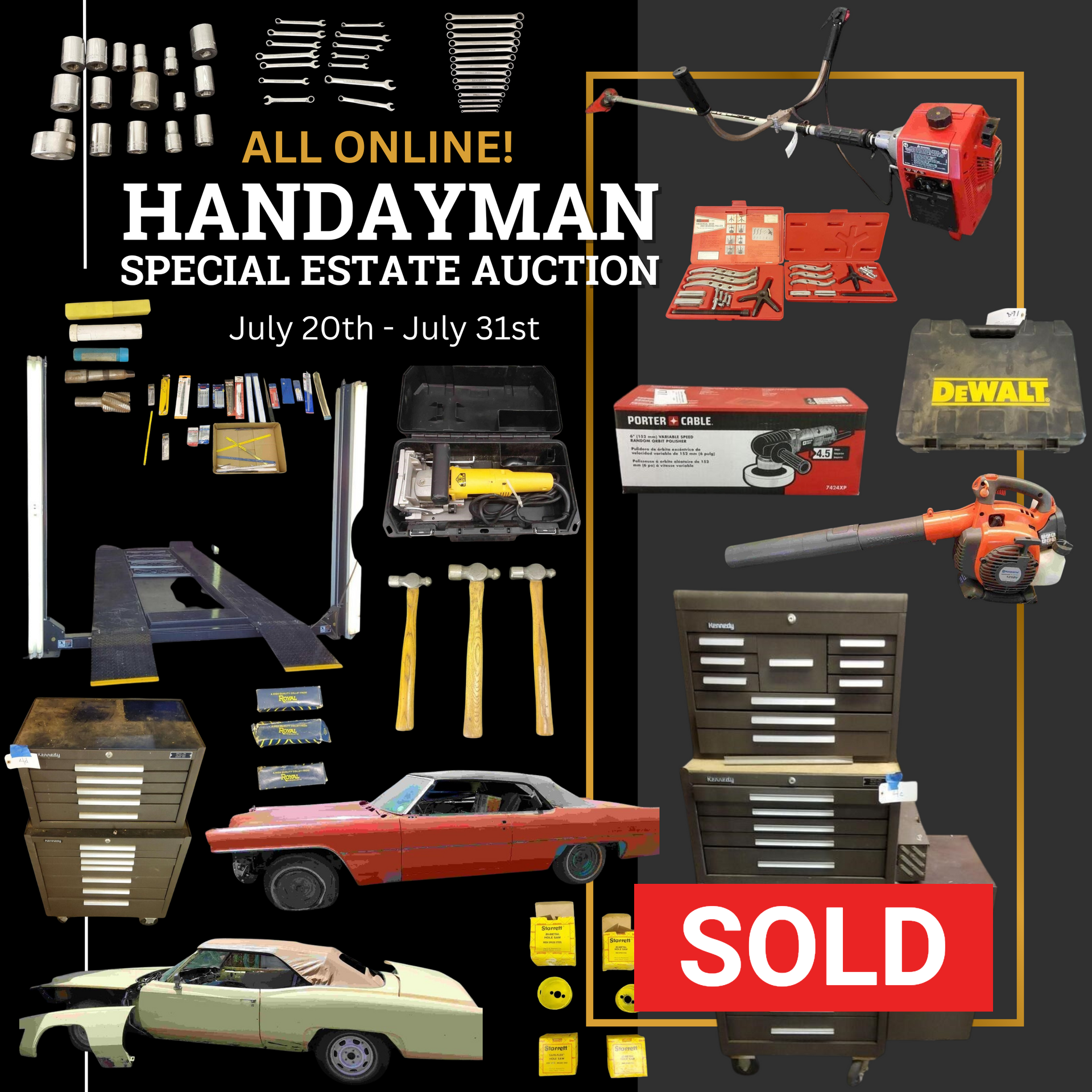 Handyman estate auction: tools, car parts, and cars for sale online, July 20-31. 