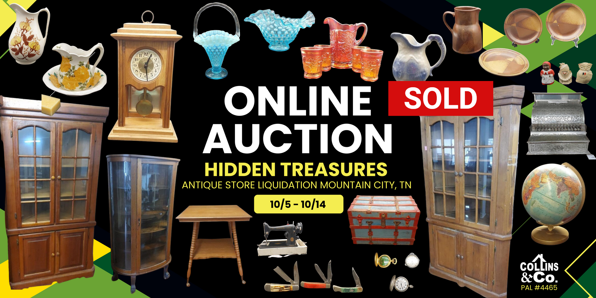Online auction banner with antique furniture and items. 