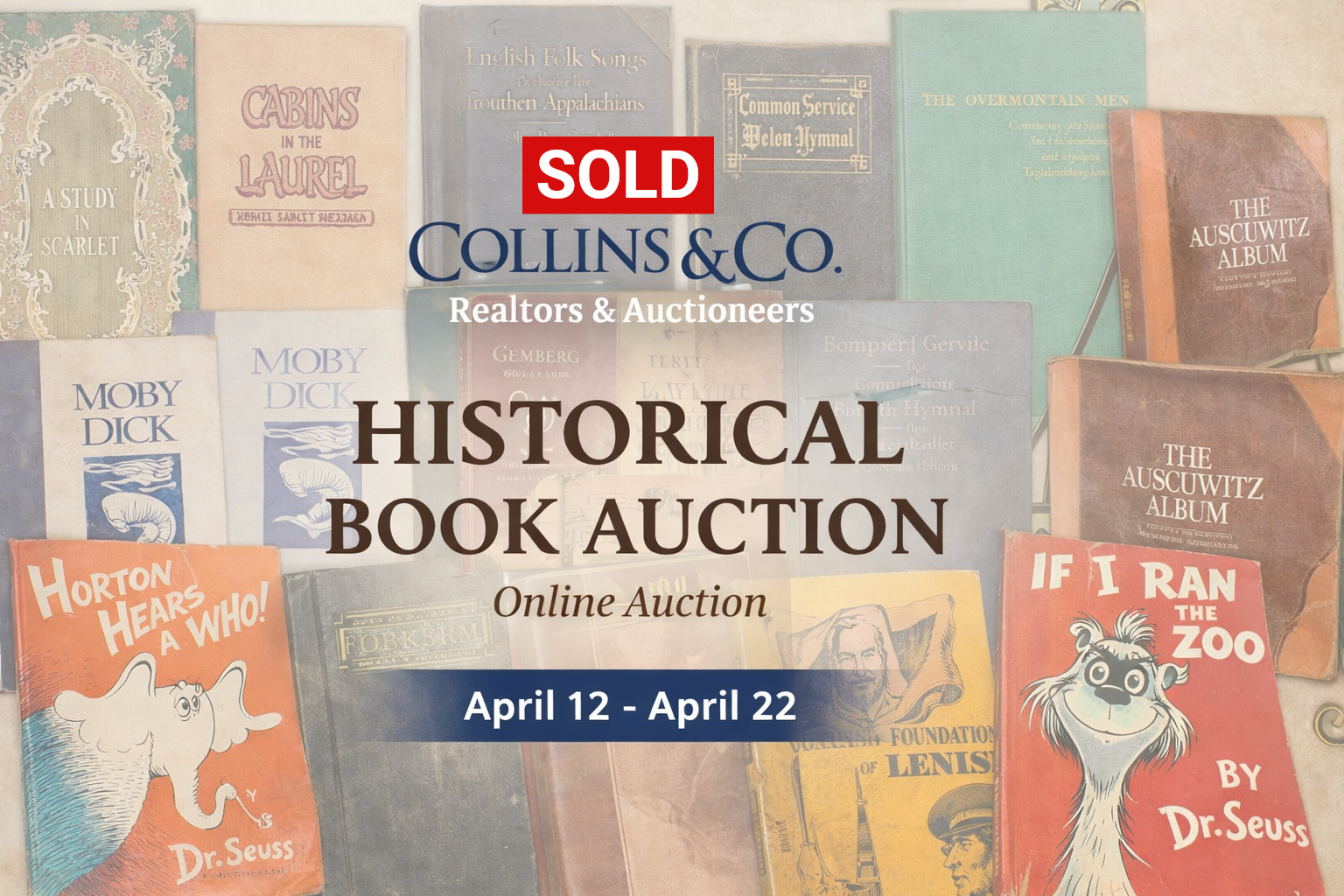 Collins & Co. historical book auction poster with vintage children’s books and dates April 12–April 22