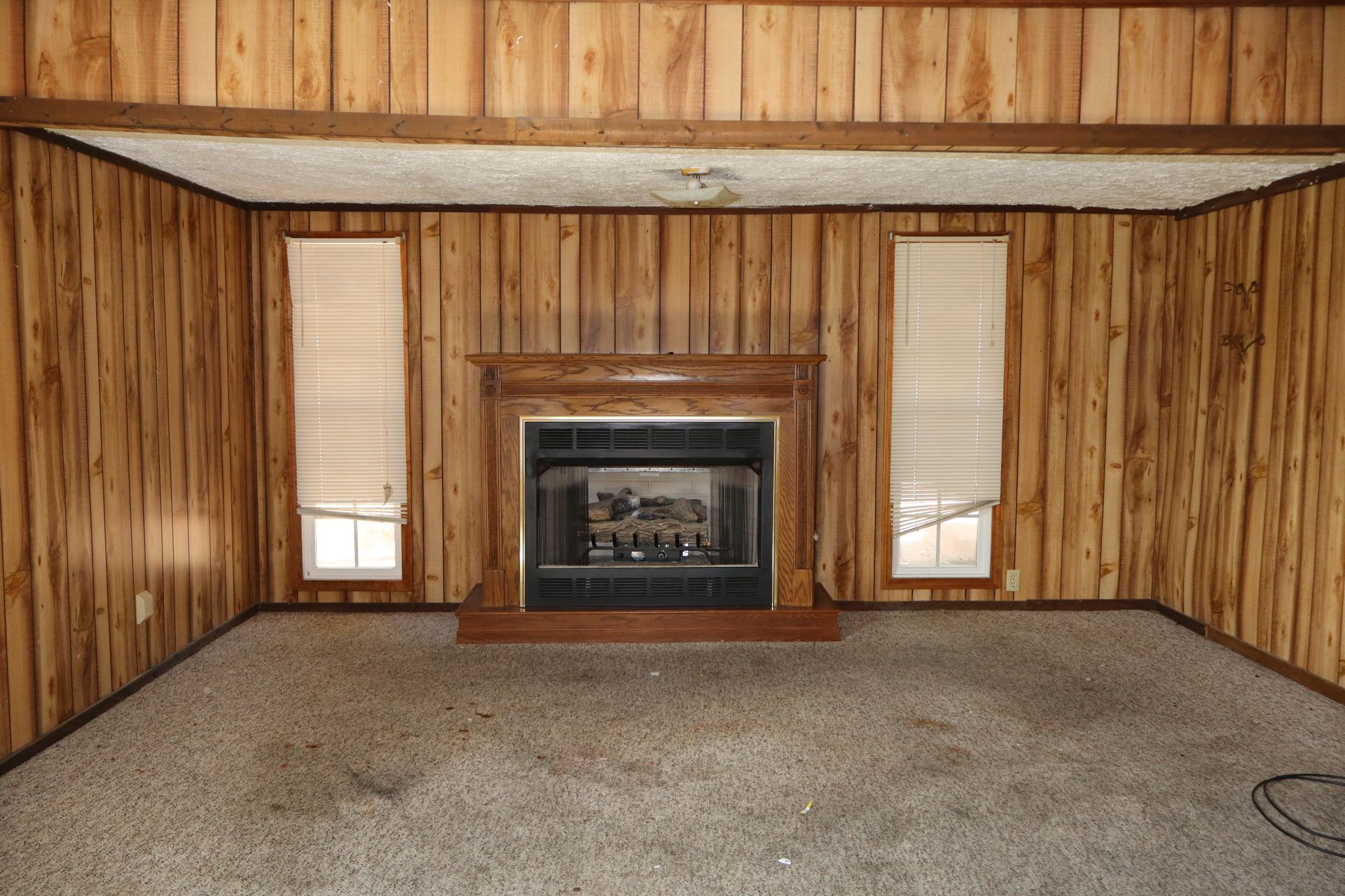 Wood-paneled living room with a brick fireplace, two windows, and beige carpet.