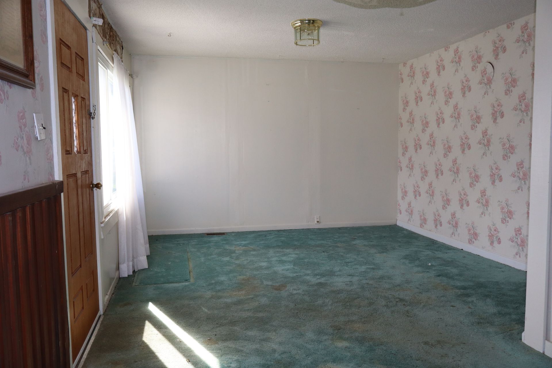 Empty room with teal carpet, white walls, floral wallpaper, and sunlight from a window