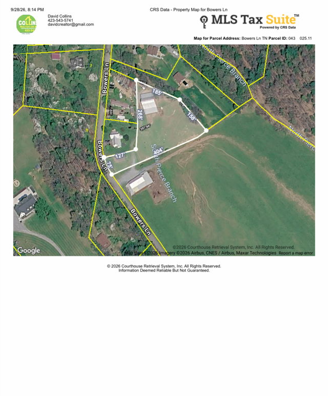 Aerial tax map of a rural property with fields, roads, and buildings marked by parcel boundaries.