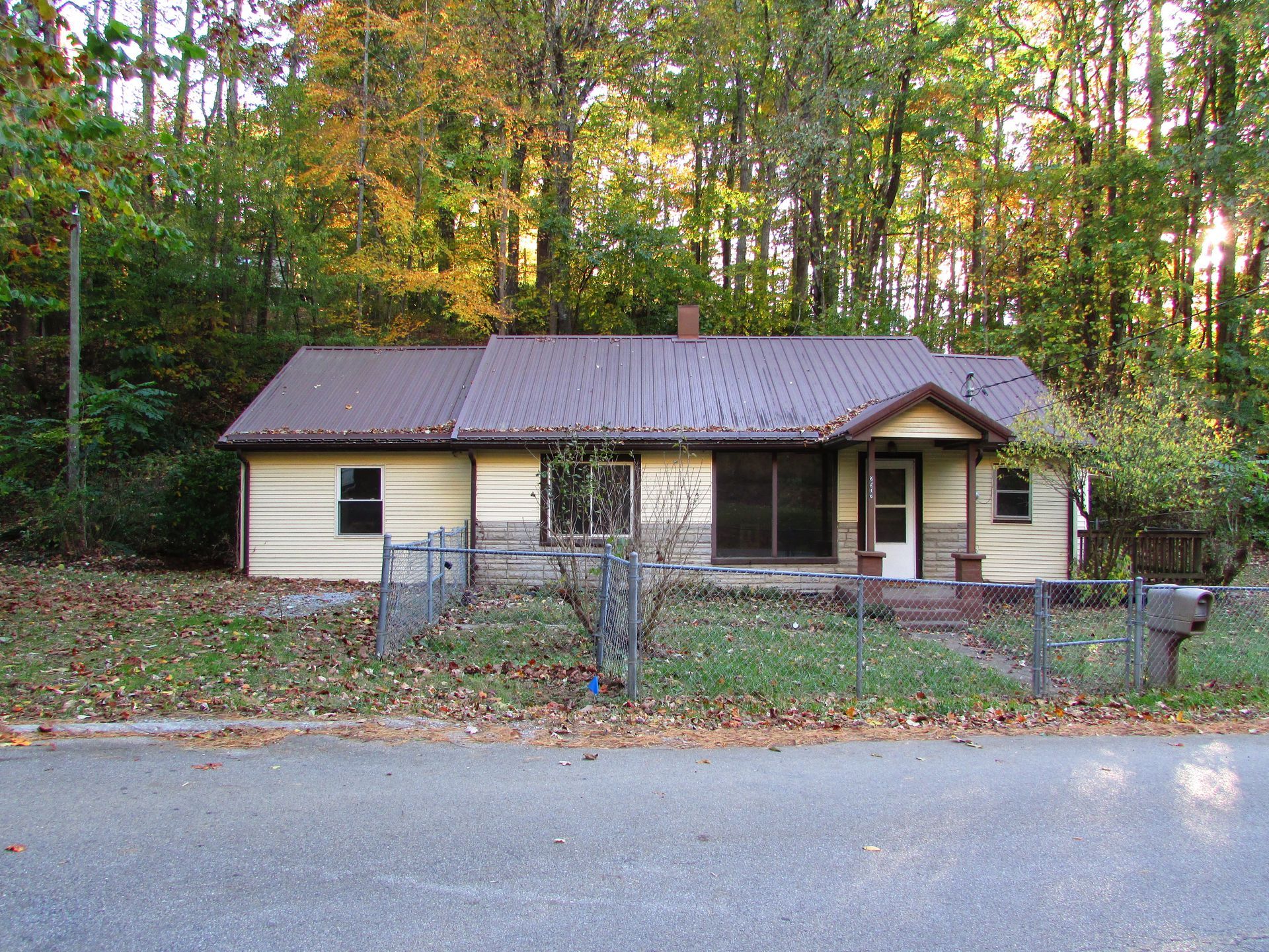 Small, light-yellow house with a brown metal roof, set against a backdrop of trees, with a street in front.