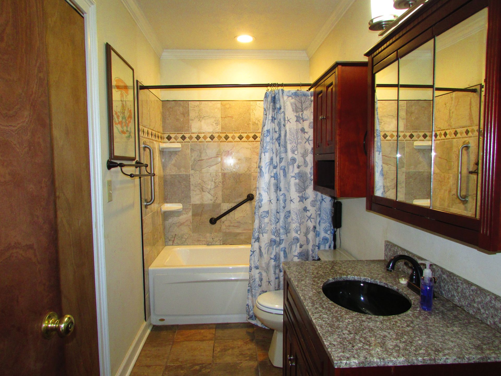Small bathroom with a bathtub, shower curtain, granite sink counter, and mirrored cabinets.