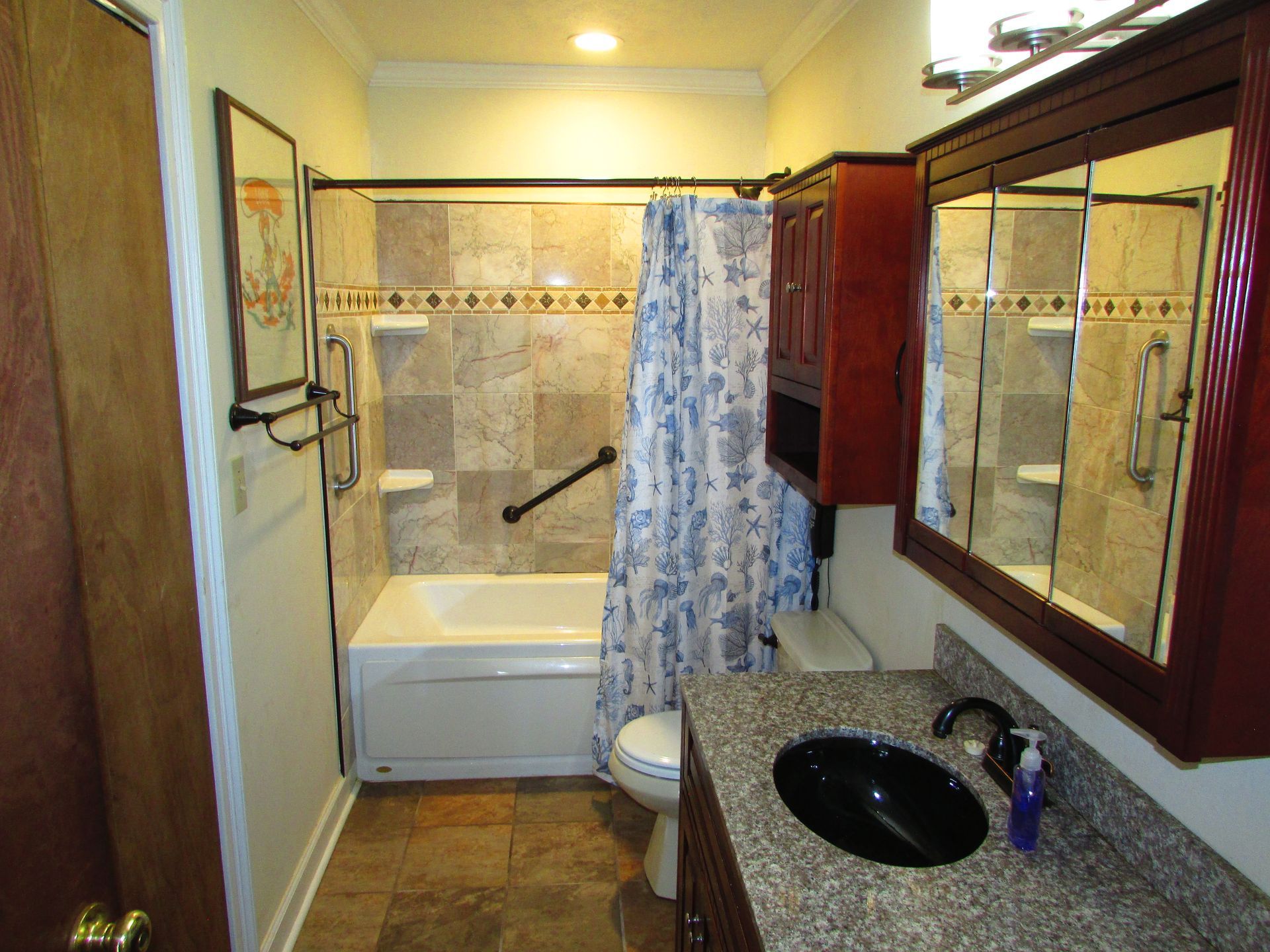Narrow bathroom with a tub, shower curtain, vanity sink, and mirrored cabinets