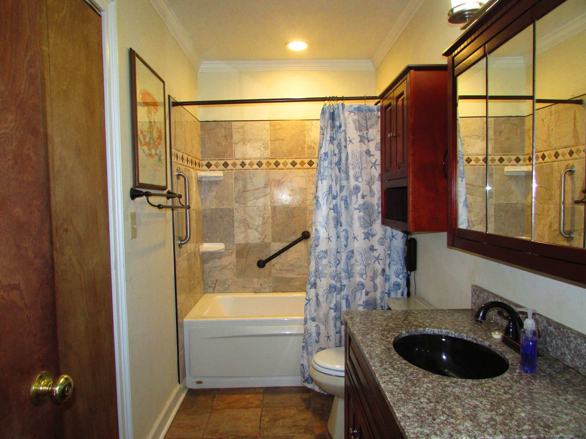Small bathroom with a bathtub, shower curtain, toilet, and dark countertop sink.