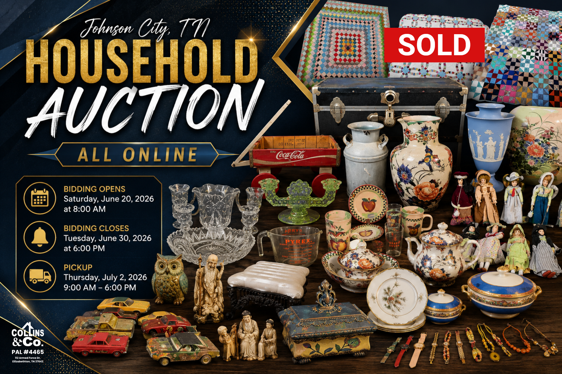 Household auction promo with antiques, dishes, and decor on a dark background, marked “SOLD”