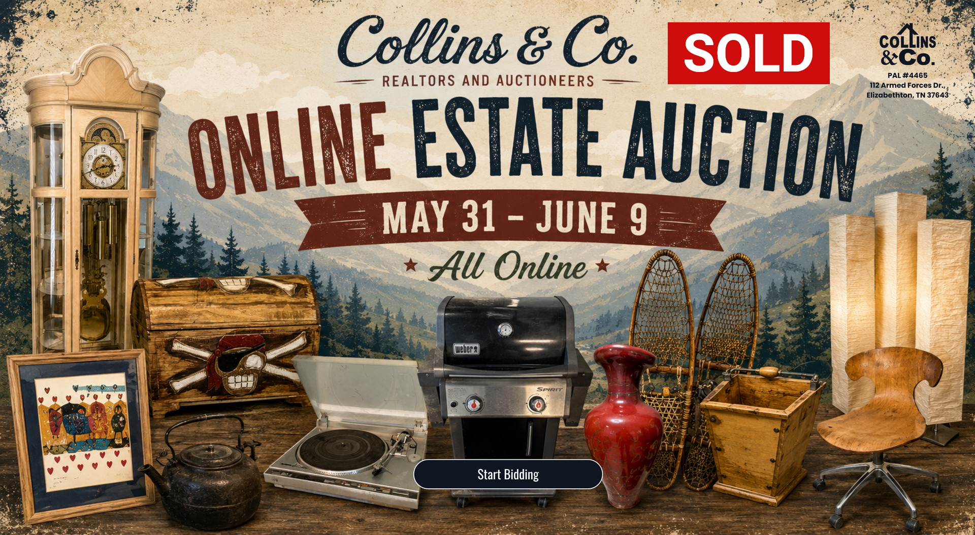 Collins & Co. online estate auction poster with antique items and red SOLD banner, May 31–June 9.