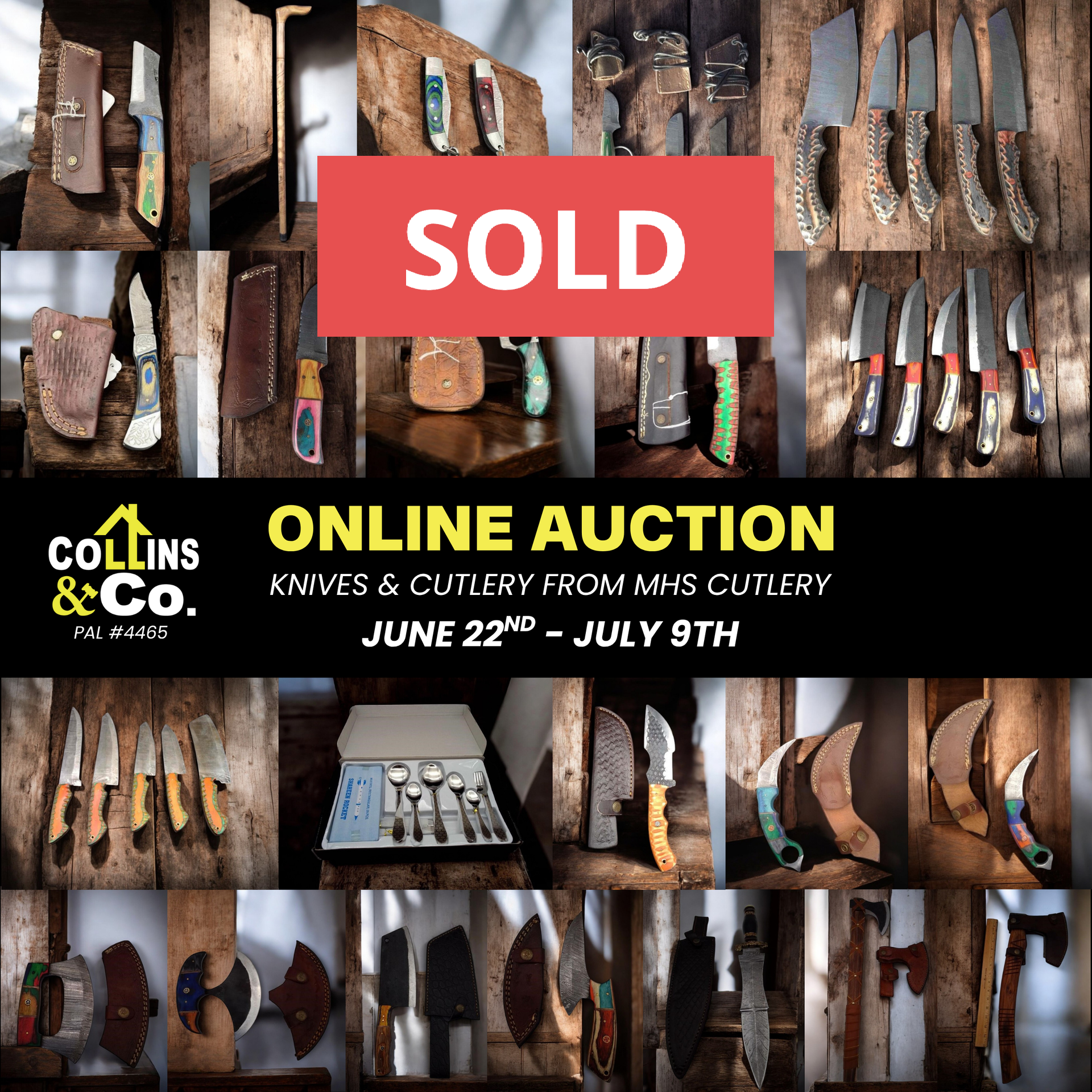 Online auction advertisement for knives and cutlery from MHS Cutlery. The 
