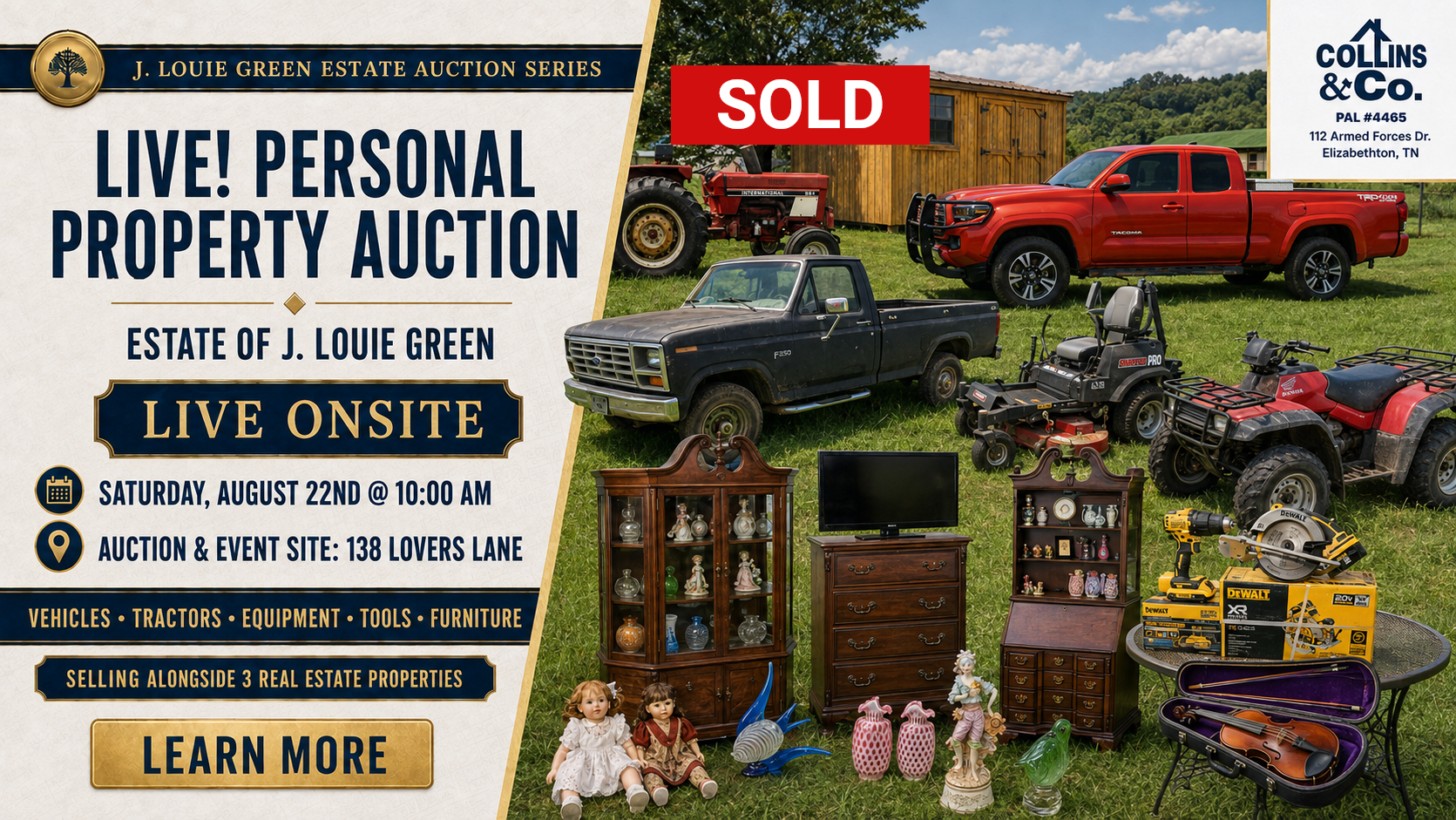Live onsite personal property auction poster with furniture, tools, and vehicles on a farm background