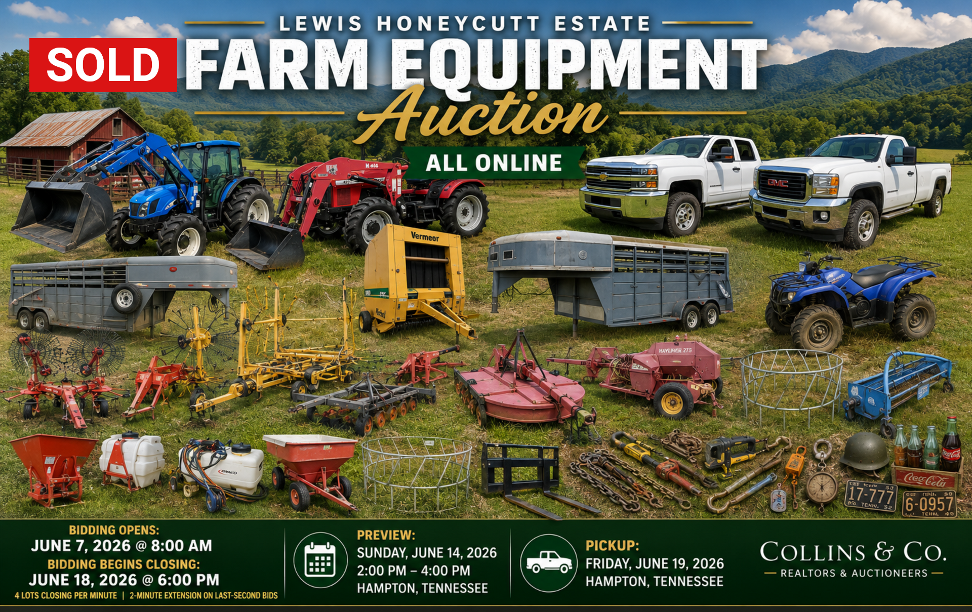 Farm equipment auction poster with red SOLD banner, tractors, machinery, and trucks in a field-shaped collage