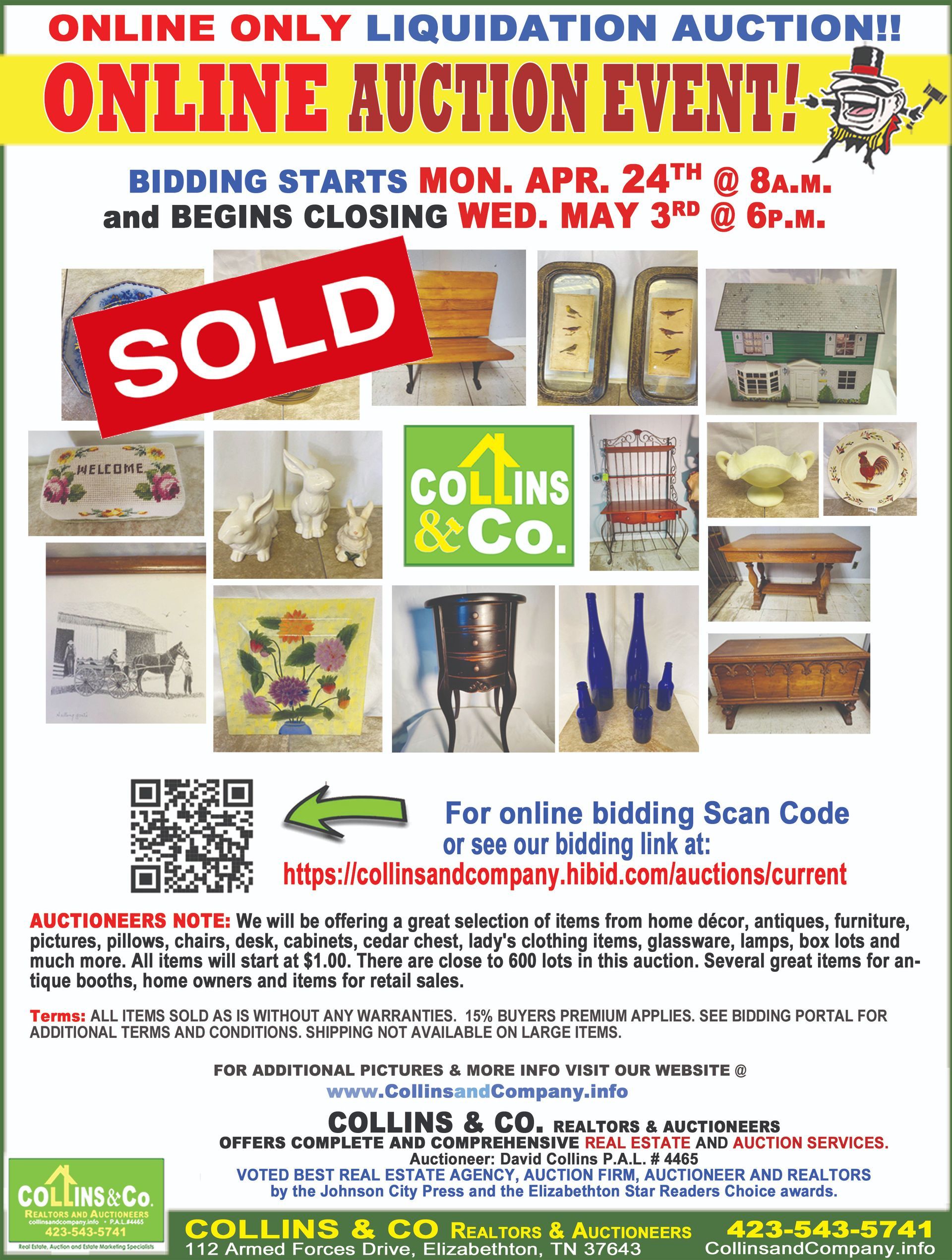 A sold sign is on a poster for an online liquidation auction.
