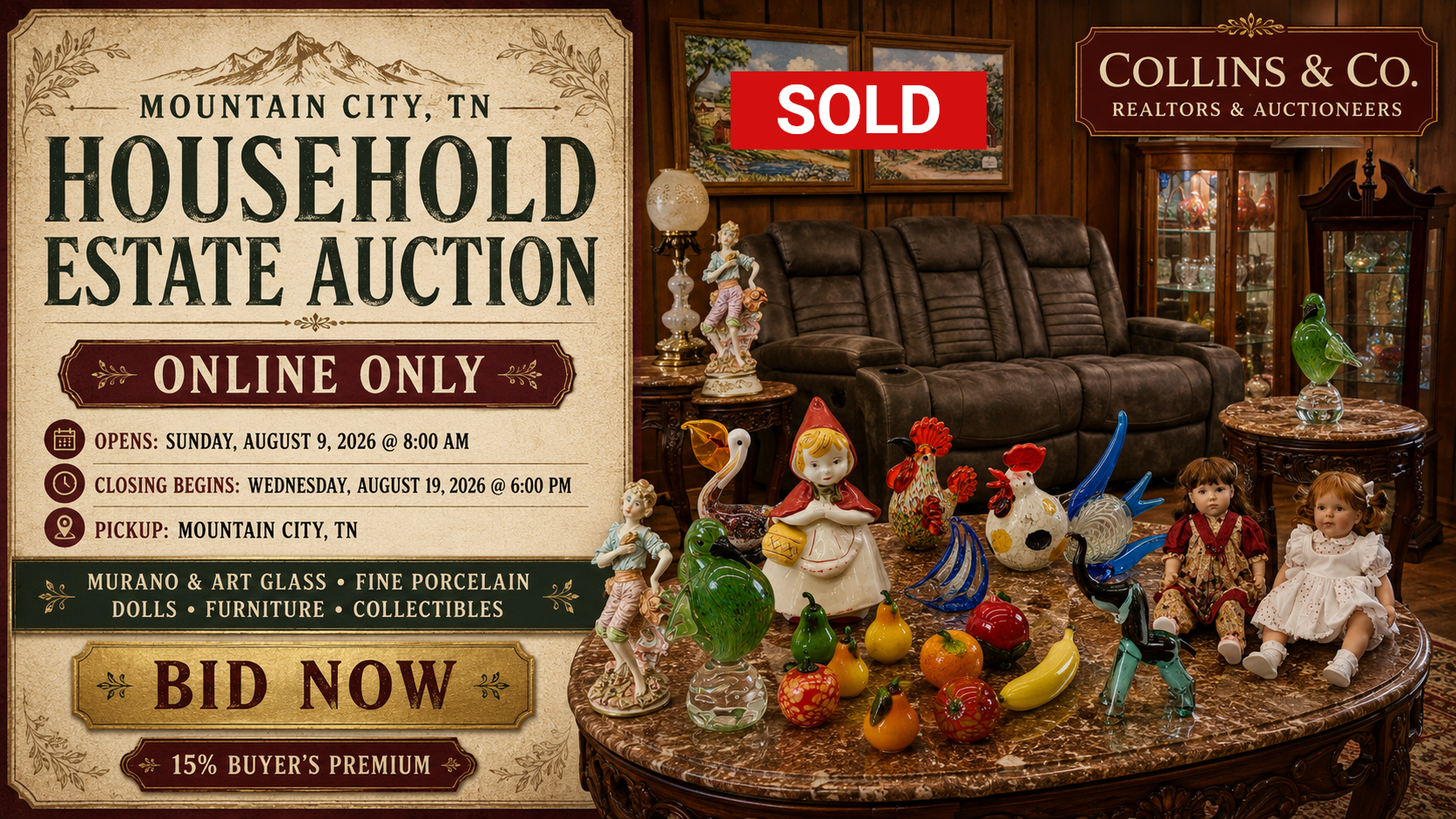 Household estate auction ad with “bid now,” sold tag, and colorful figurines on a rustic table