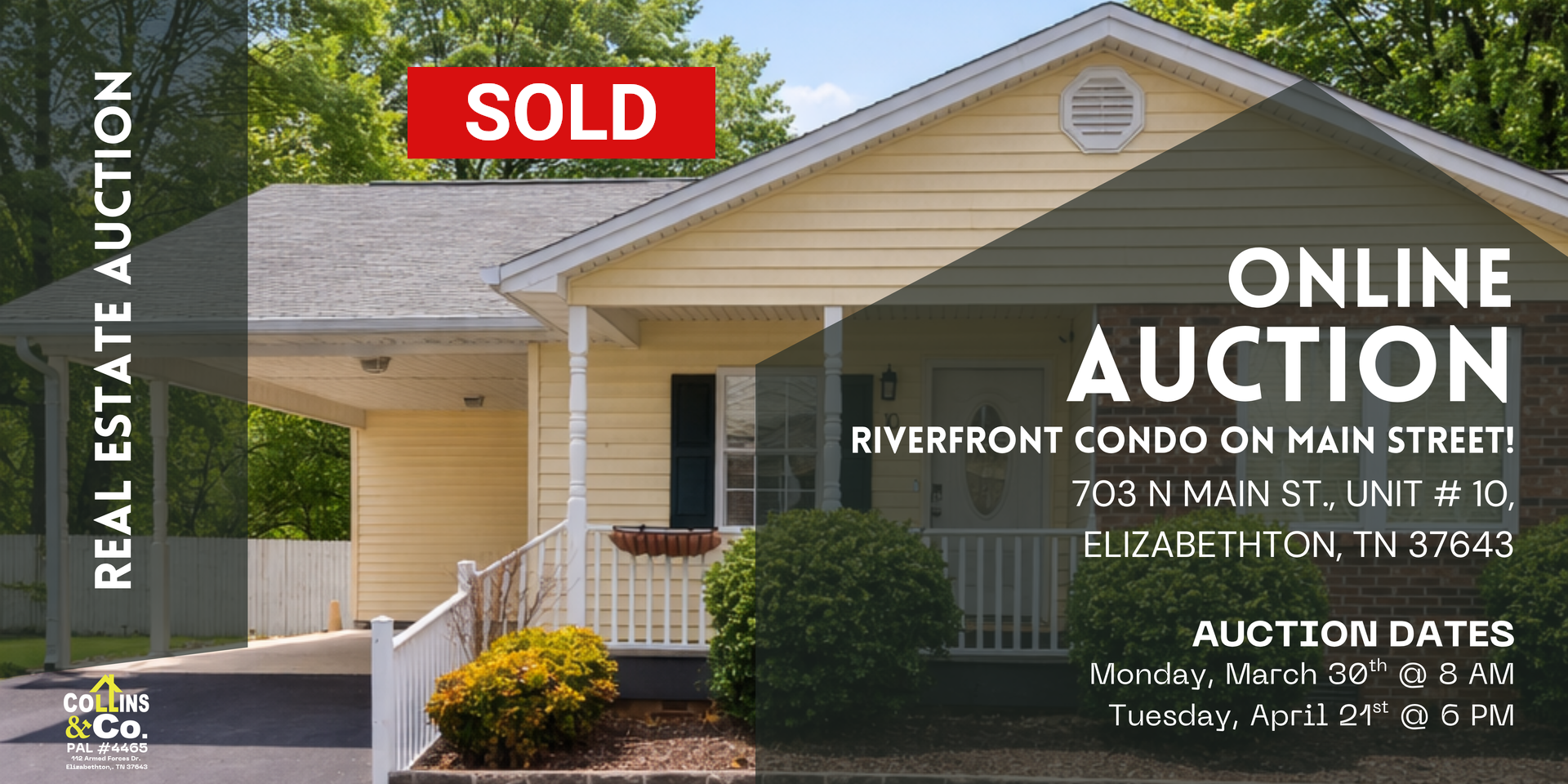 SOLD sign over house exterior with online auction details for a real estate listing