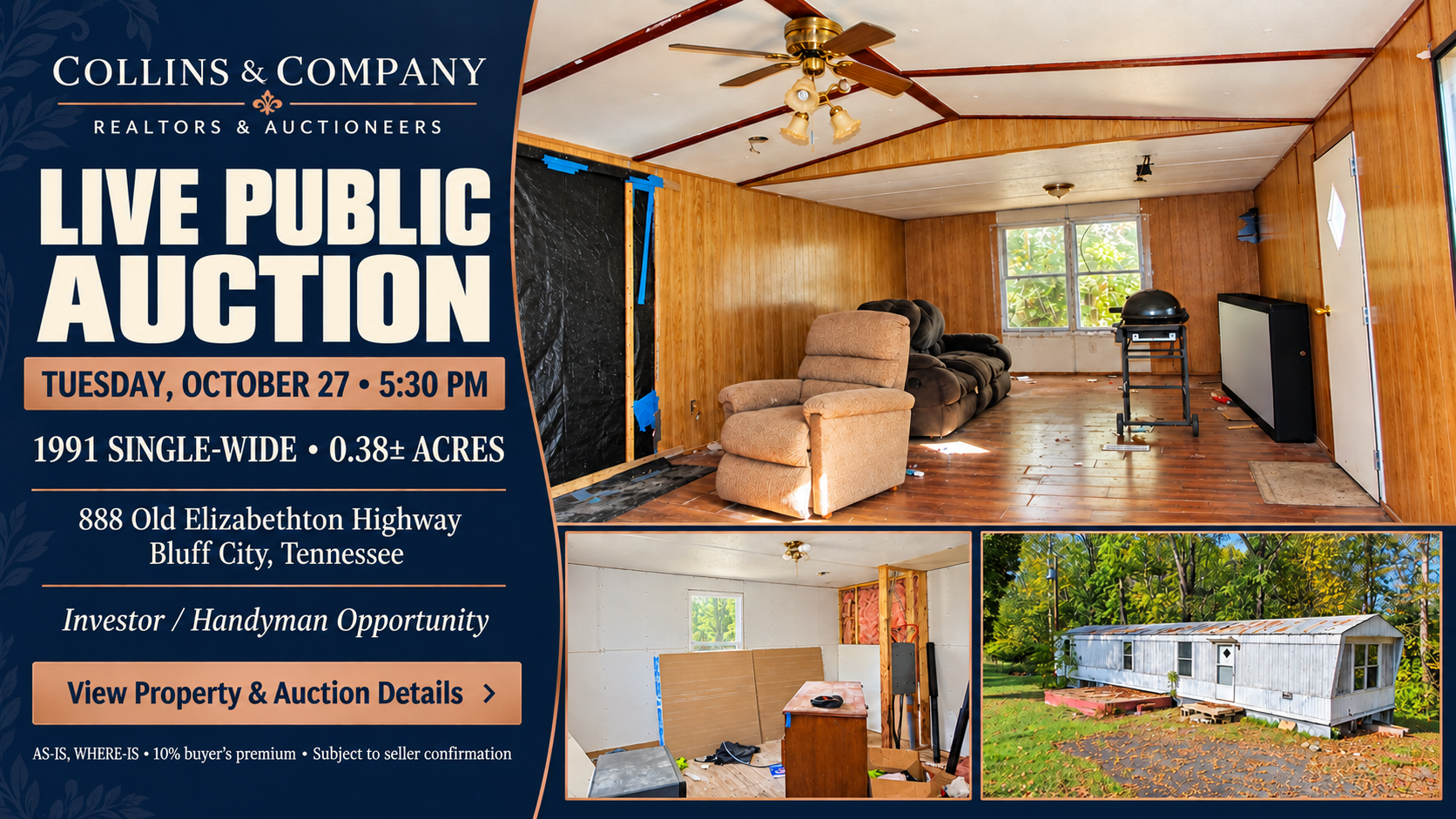 Live public auction flyer featuring a home interior and exterior photos, Tuesday, Oct. 27, 5:30 PM.