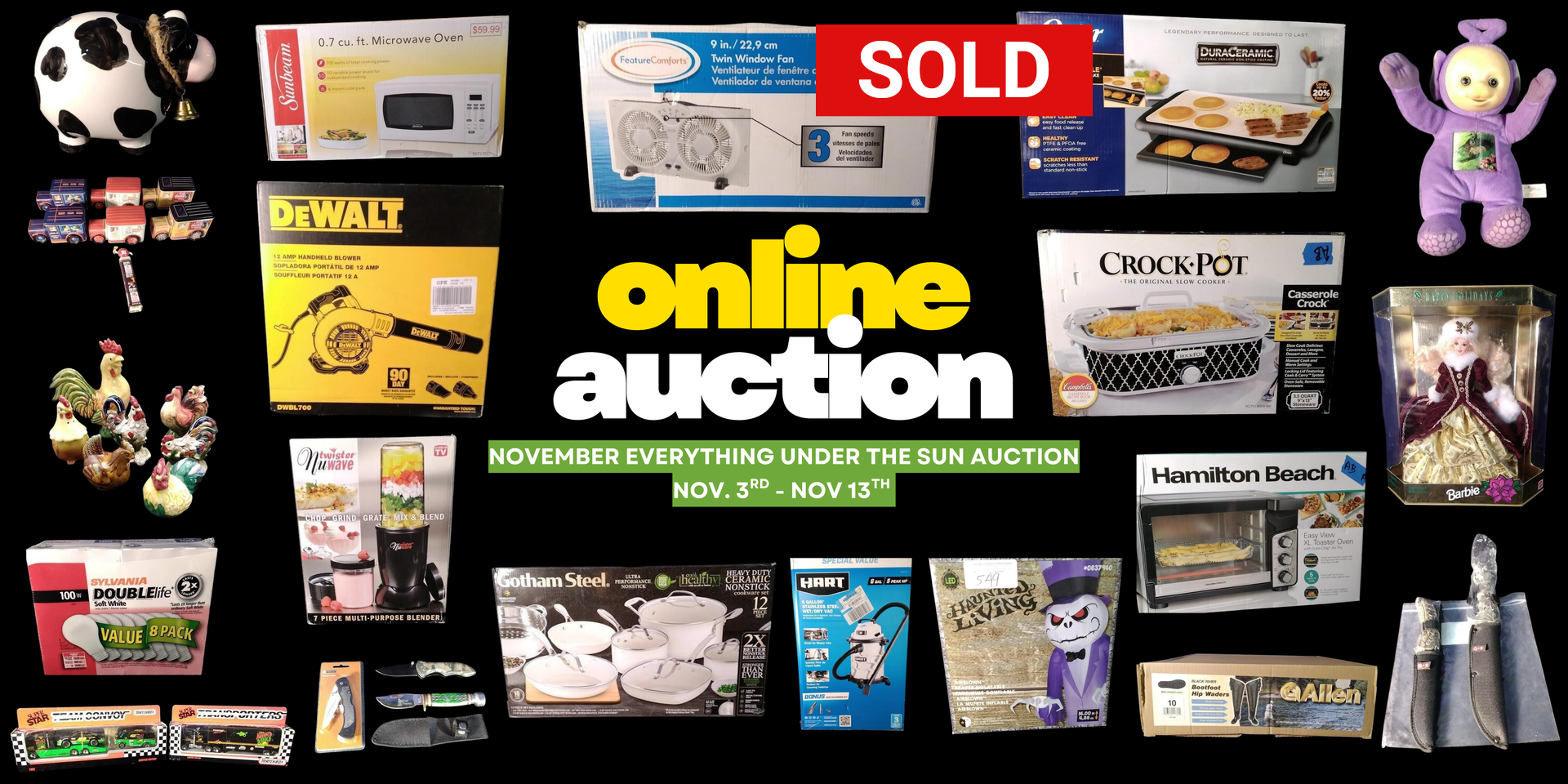 Online auction with various items displayed on a black background. 