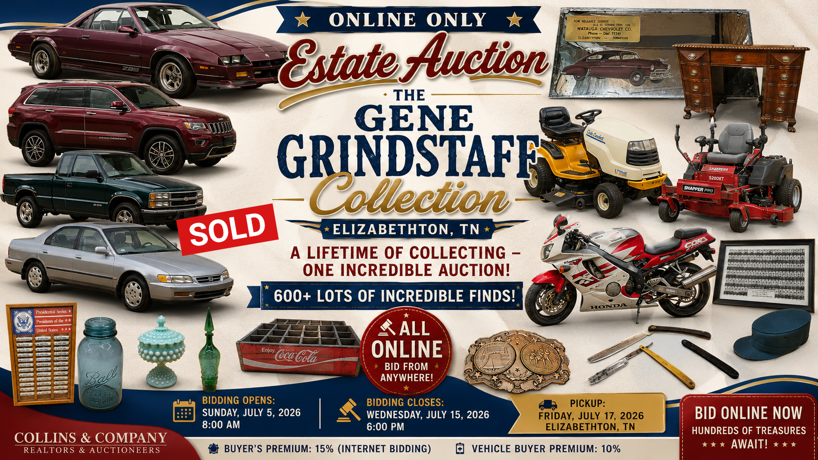 Online estate auction ad for Gene Grindstaff collectibles, featuring cars, tools, and antiques.