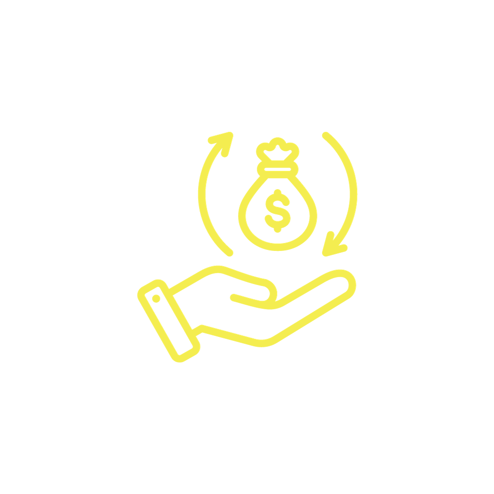 A hand is holding a bag of money with arrows around it.